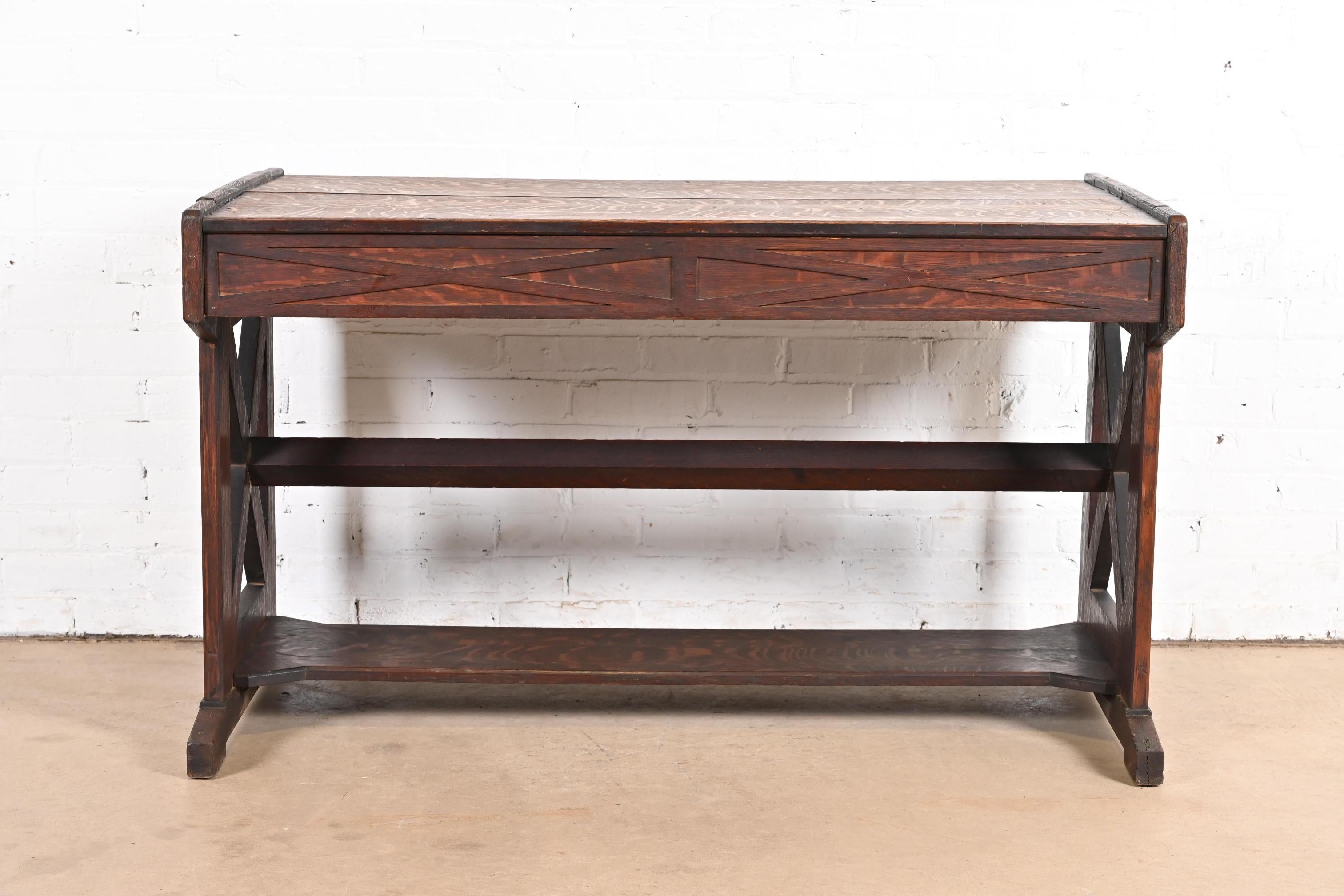 Table de bibliothèque à tréteaux Mission Tiger Oak Arts & Crafts de style Limbert en vente 4