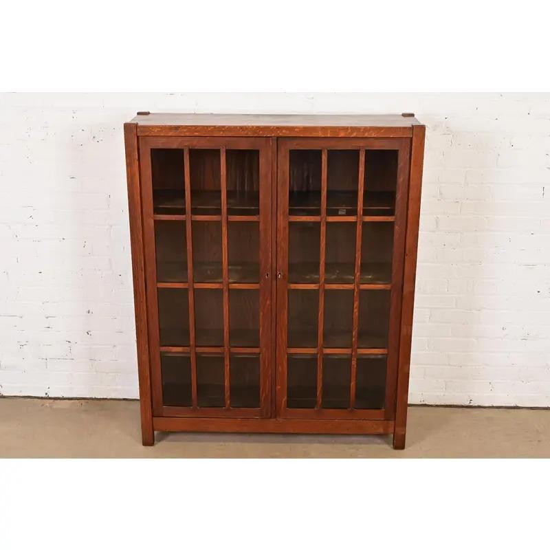 Arts and Crafts Limbert Style Mission Oak Arts & Crafts Glass Front Double Bookcase, Circa 1900 For Sale