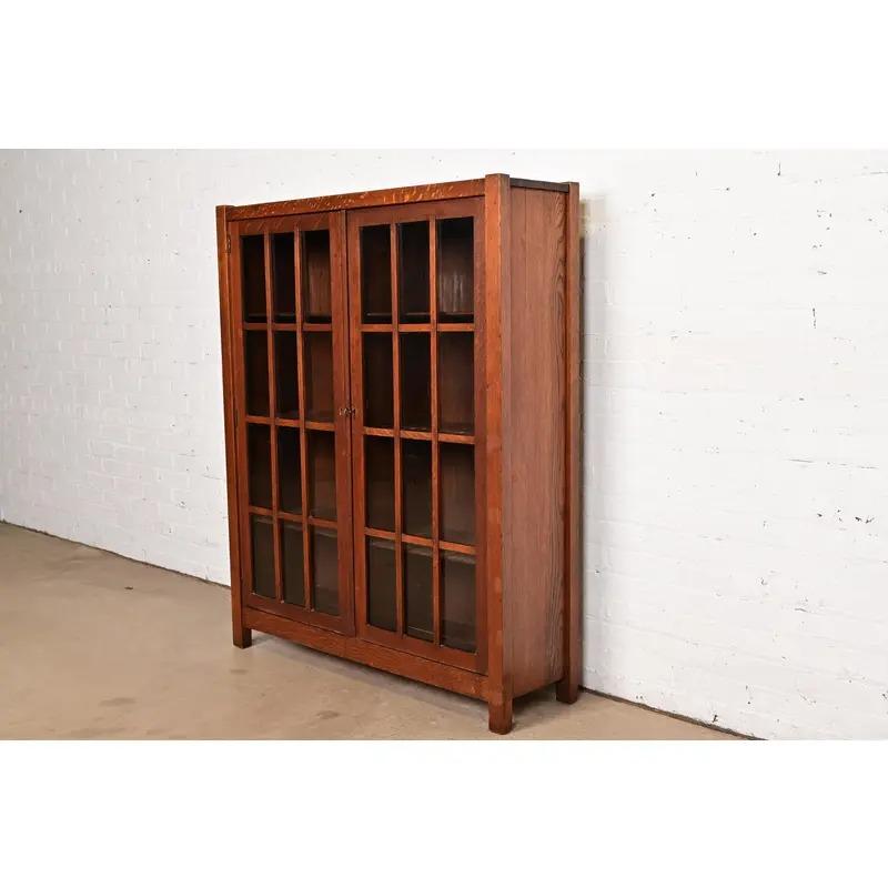 American Limbert Style Mission Oak Arts & Crafts Glass Front Double Bookcase, Circa 1900 For Sale