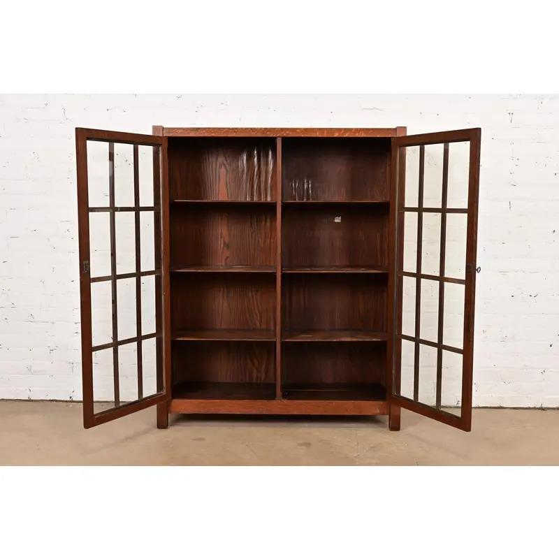 20th Century Limbert Style Mission Oak Arts & Crafts Glass Front Double Bookcase, Circa 1900 For Sale