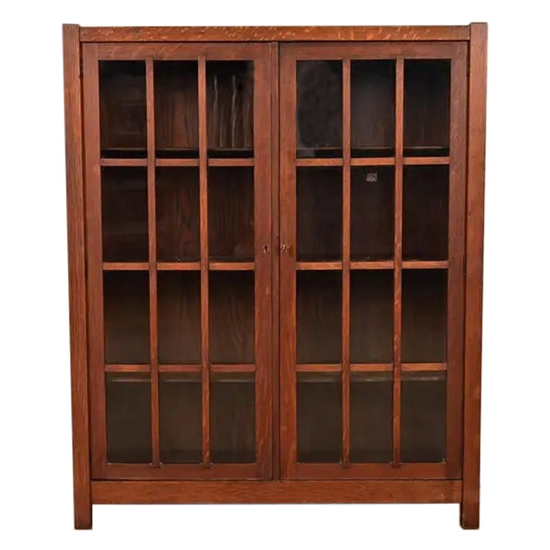 Limbert Style Mission Oak Arts & Crafts Glass Front Double Bookcase, Circa 1900 For Sale