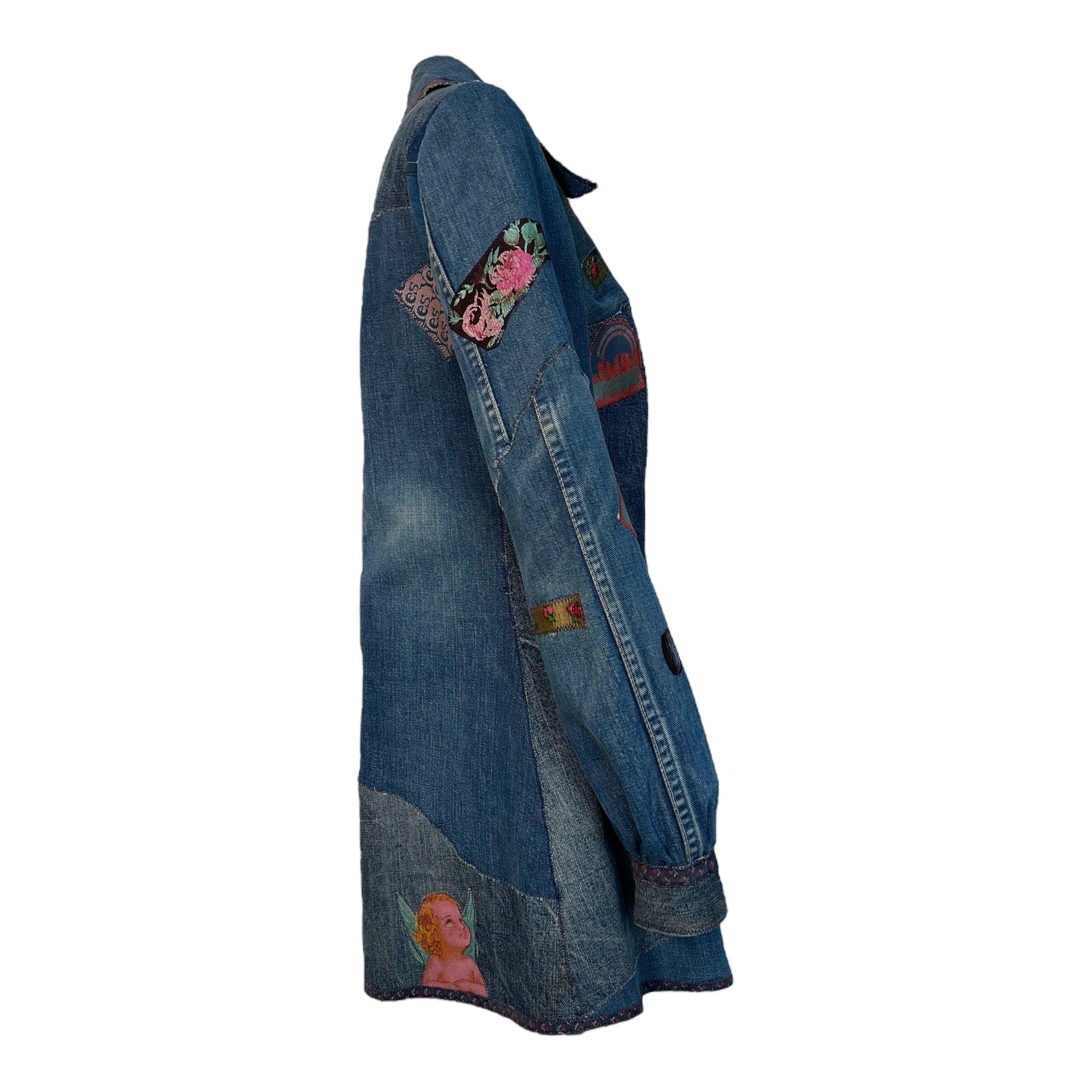 Camisa o minivestido LIMBO Denim Patchwork, años 70 Azul en venta