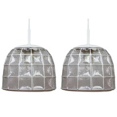 Limburg 1 of 2 1960s Midcentury White Iron & Glass Honeycomb Bell Pendant Lights