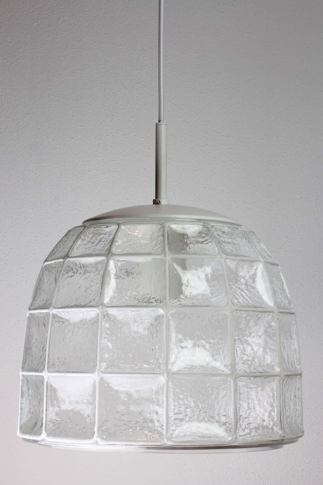 German Limburg 1 of 2 1960s Midcentury White Iron & Glass Honeycomb Bell Pendant Lights For Sale