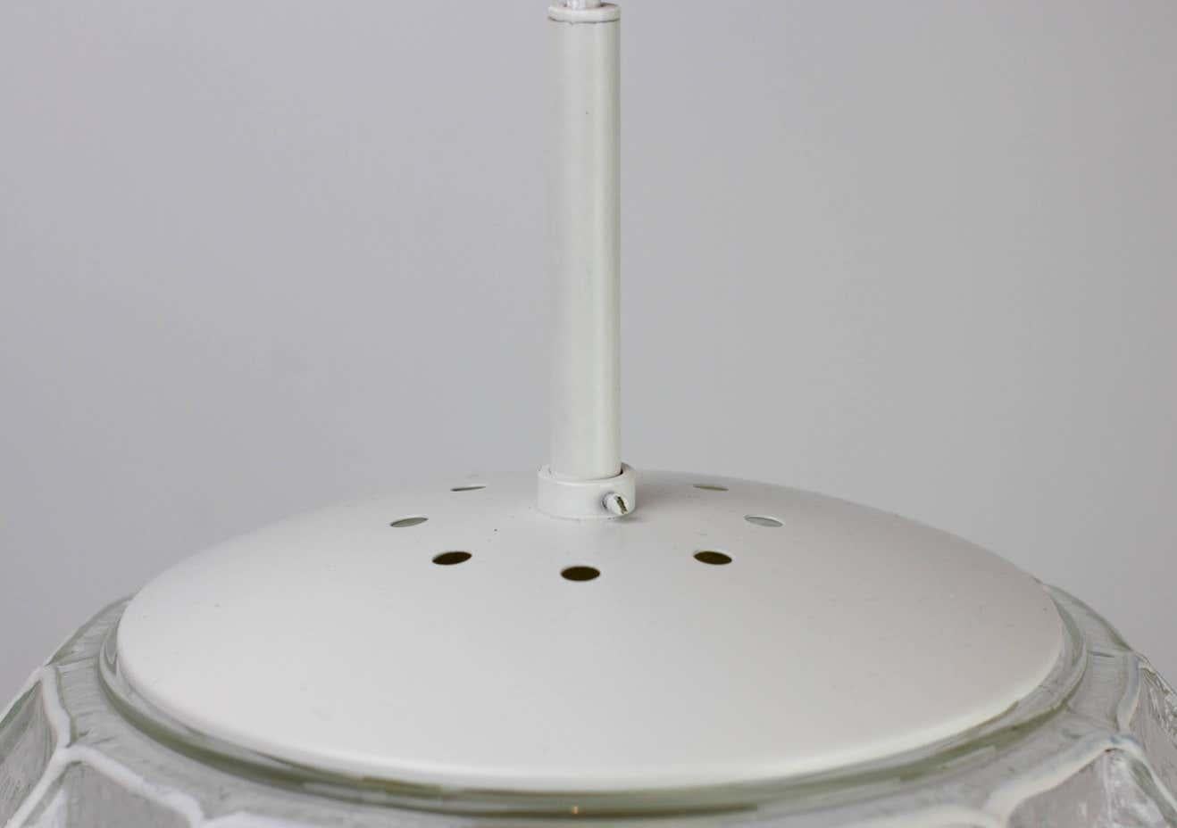 Molded Limburg 1 of 2 1960s Midcentury White Iron & Glass Honeycomb Bell Pendant Lights For Sale