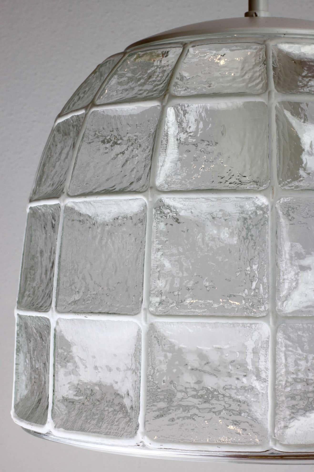 20th Century Limburg 1 of 2 1960s Midcentury White Iron & Glass Honeycomb Bell Pendant Lights For Sale