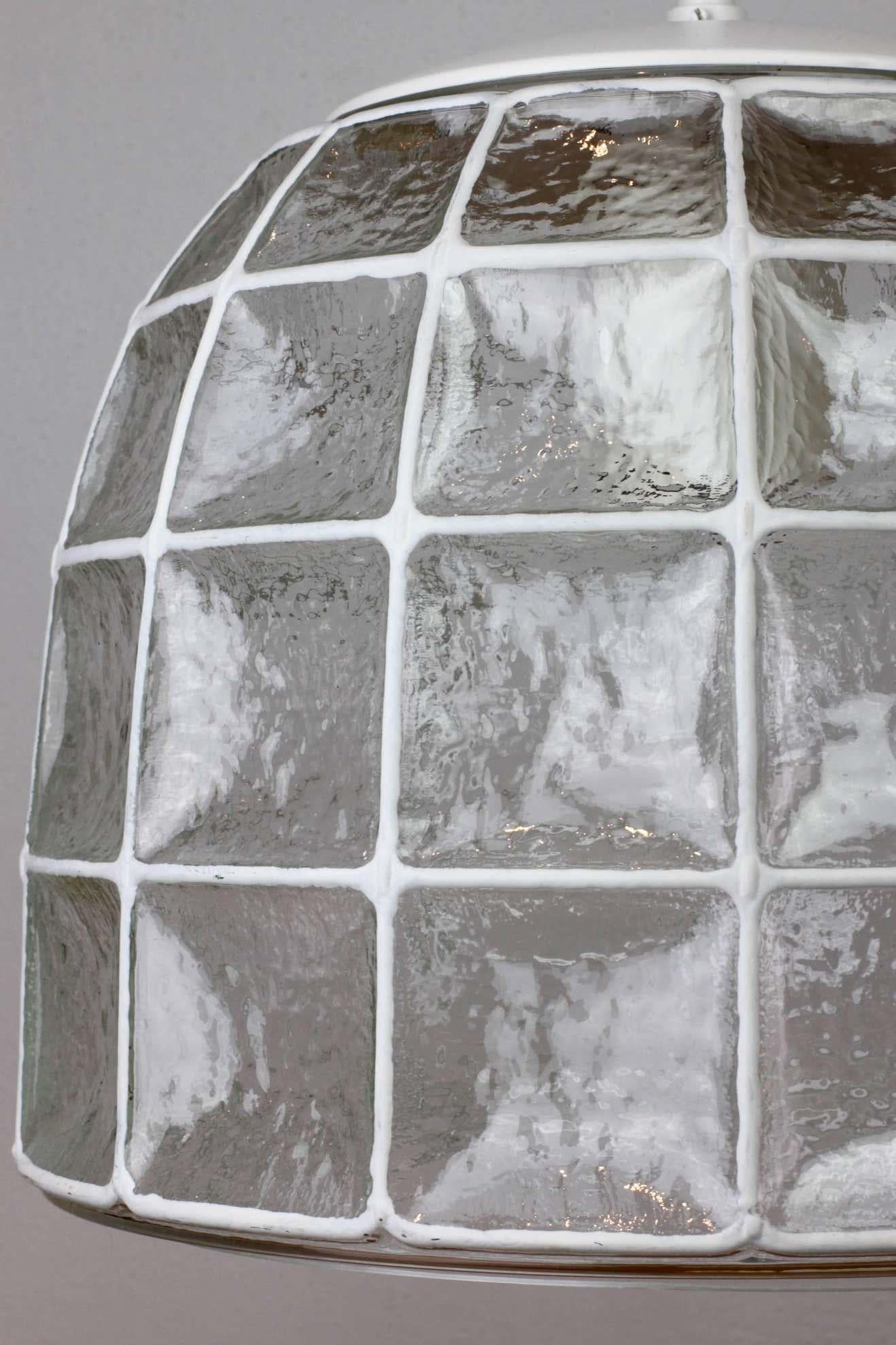Metal Limburg 1 of 2 1960s Midcentury White Iron & Glass Honeycomb Bell Pendant Lights For Sale