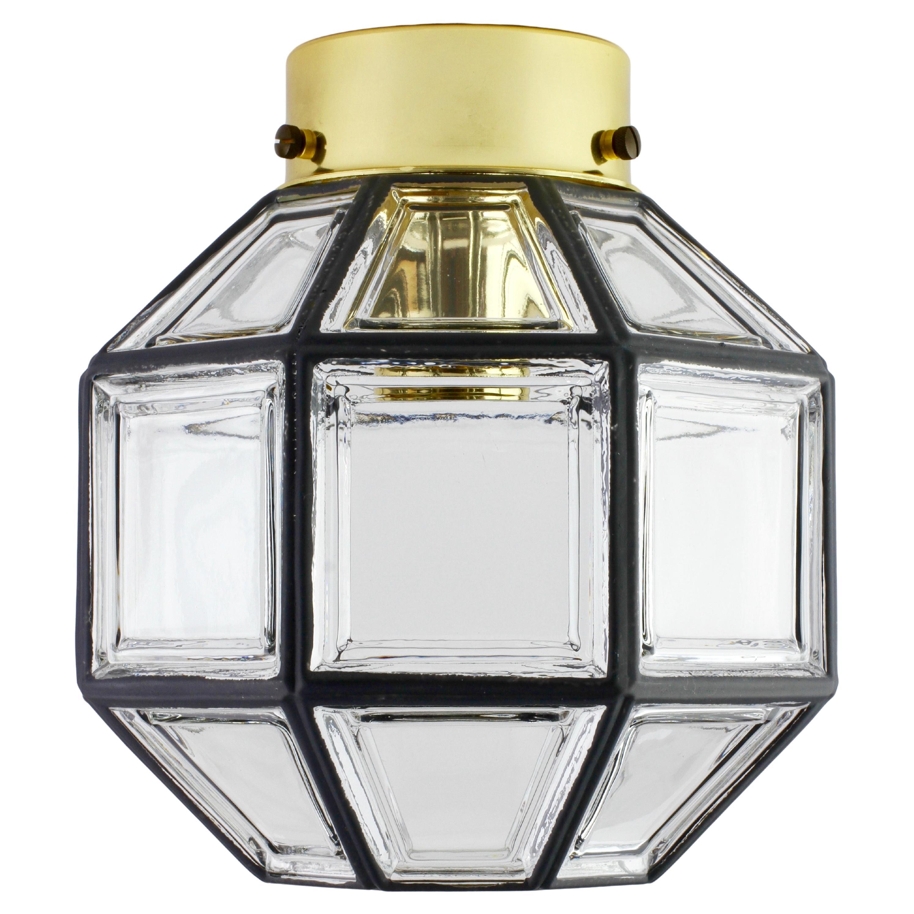 Limburg 1 of 2 Mid-Century Iron Clear Glass & Brass Flush Mount Lights c. 1965