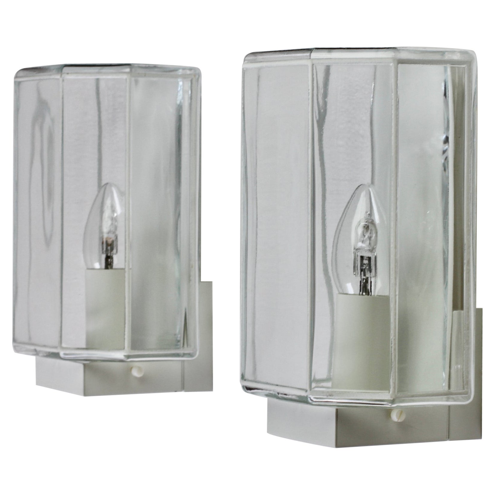 Limburg 1 of 3 Pairs of Swedish 1970s Minimalist White & Clear Glass Wall Lights