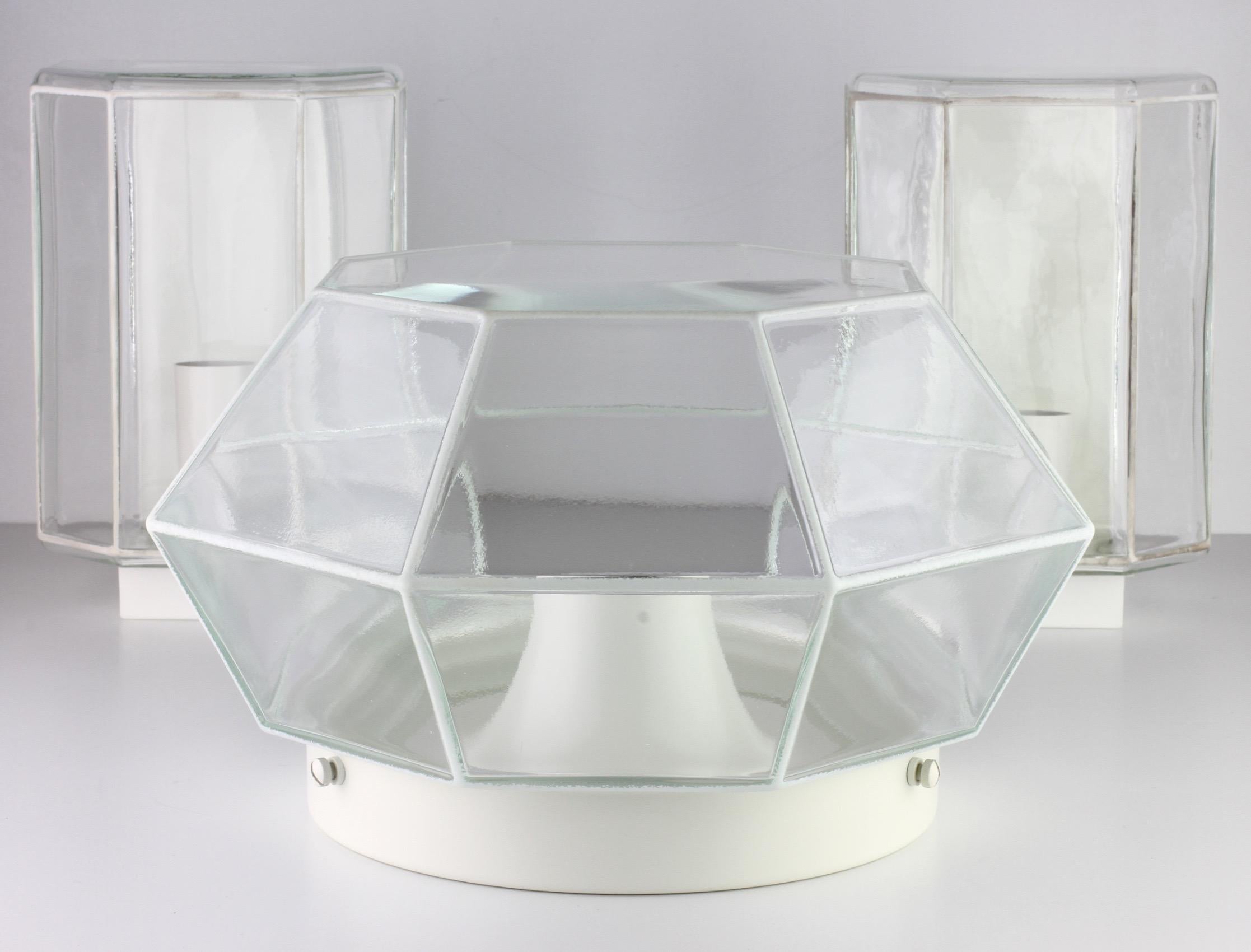 German Limburg 1 of 5 Geometric White & Clear Glass 1970s Flush Mount Lights Lamps For Sale