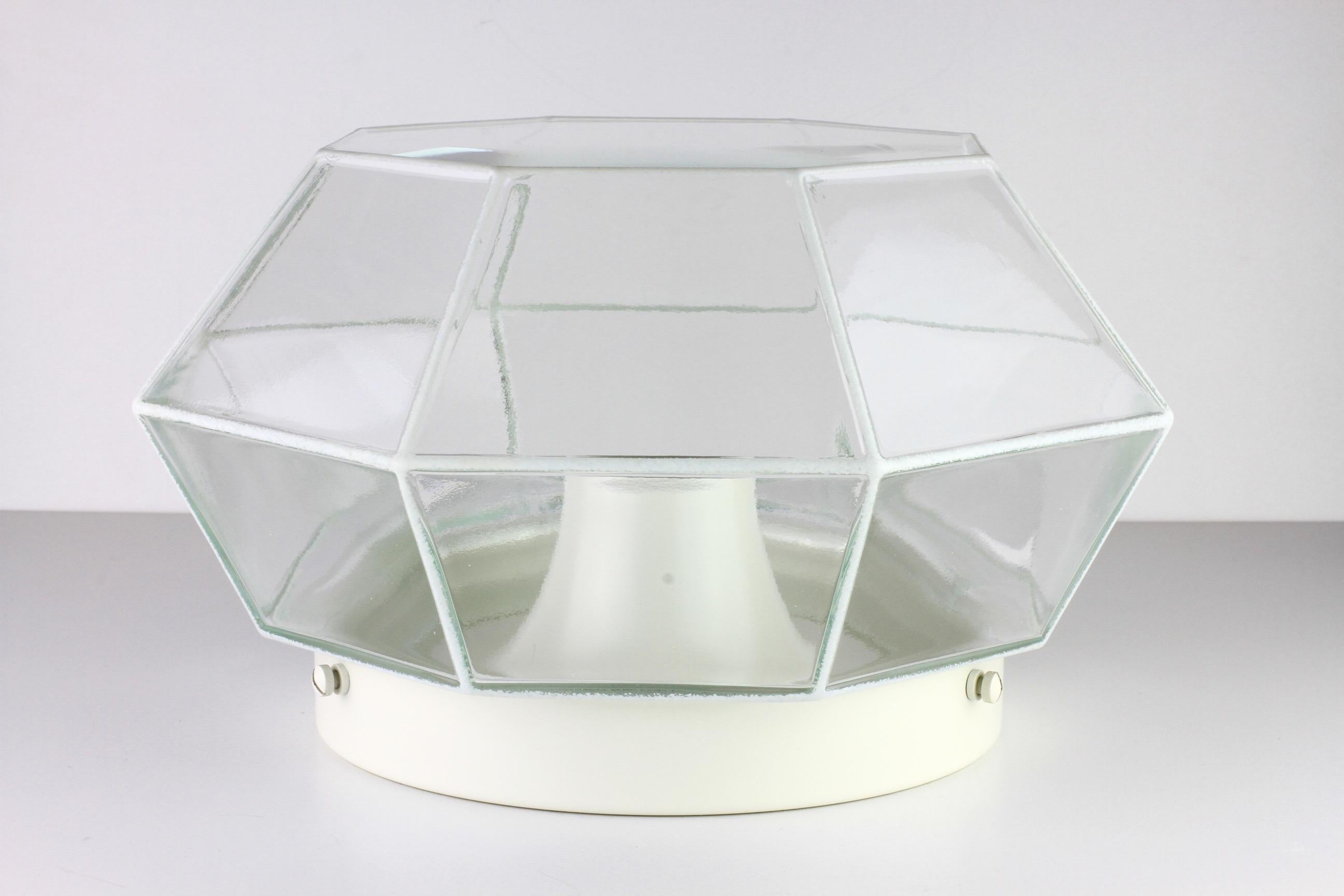 Molded Limburg 1 of 5 Geometric White & Clear Glass 1970s Flush Mount Lights Lamps For Sale