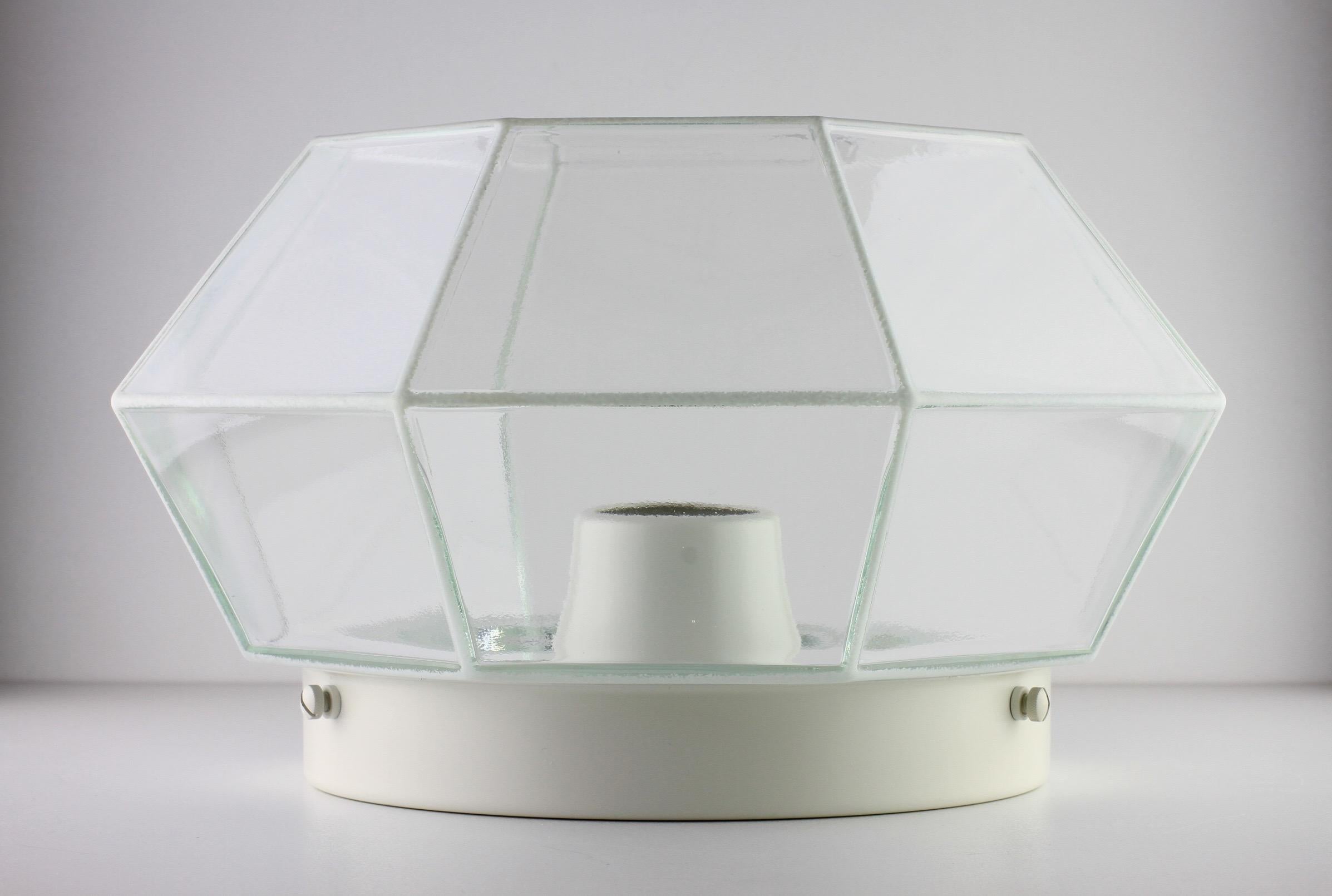 20th Century Limburg 1 of 5 Geometric White & Clear Glass 1970s Flush Mount Lights Lamps For Sale