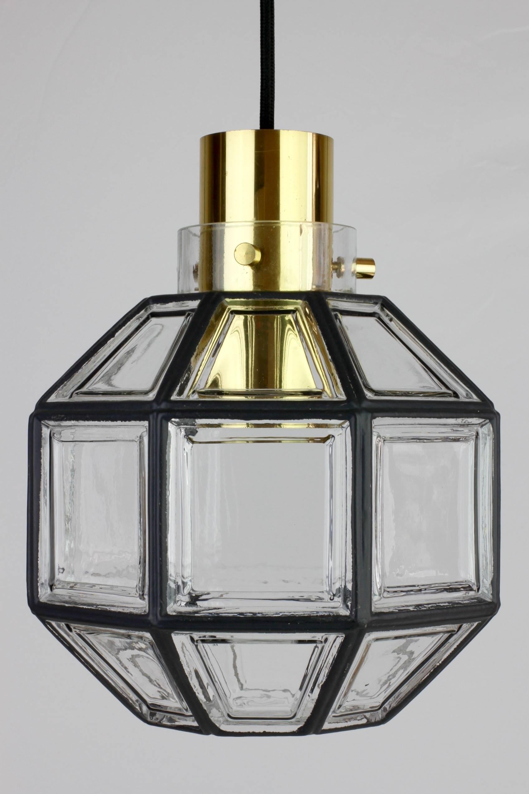 German Limburg 1 of 5 Minimalist 'Iron' Clear Glass and Brass Geometric Pendant Lights For Sale