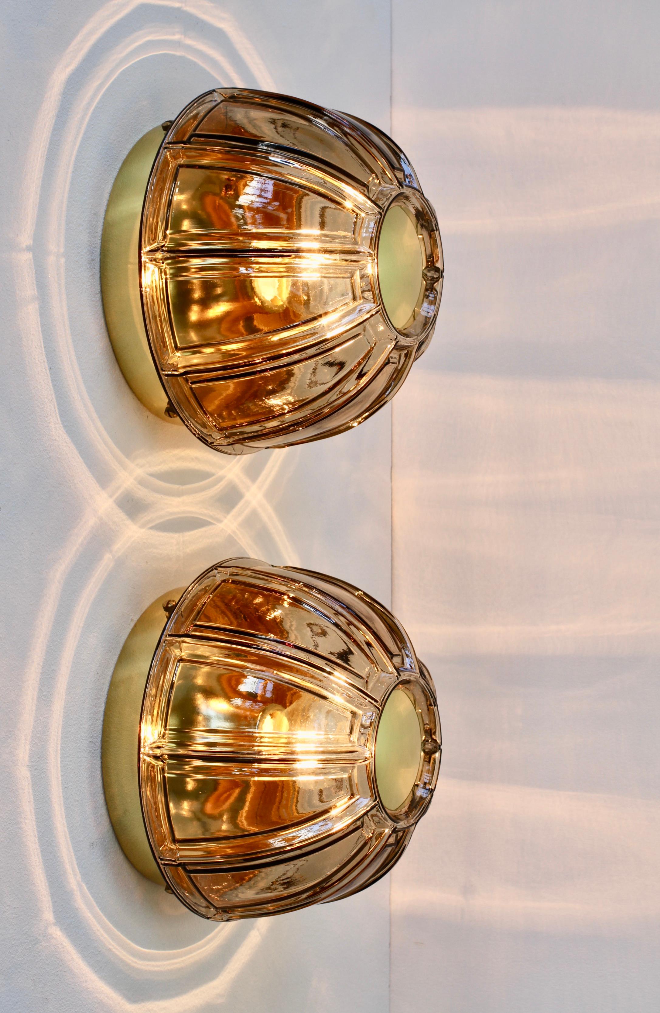 Late 20th Century Limburg 1 of 5 Topaz Toned Textured Glass Flush Mount Wall Lights or Sconces For Sale