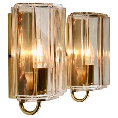 Limburg 1 of 6 Vintage Mid-Century 1970s Clear 'Topaz' Glass & Brass Wall Lights