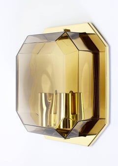 Limburg 1 of 6 Vintage Geometric Smoked Topaz Glass & Brass Wall Lights, c. 1980