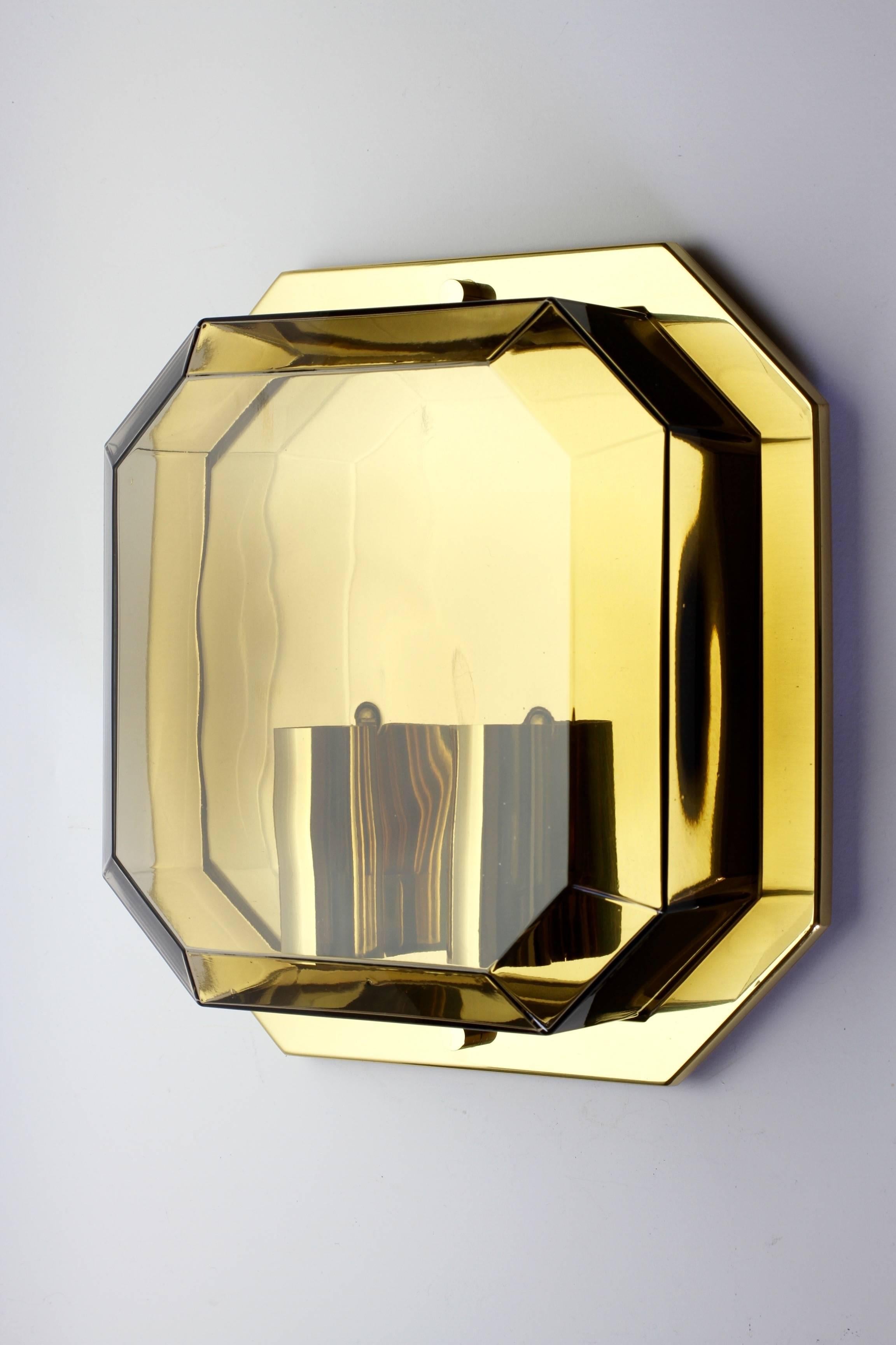 German Limburg 1 of 6 Vintage Geometric Smoked Topaz Glass & Brass Wall Lights, c. 1980 For Sale