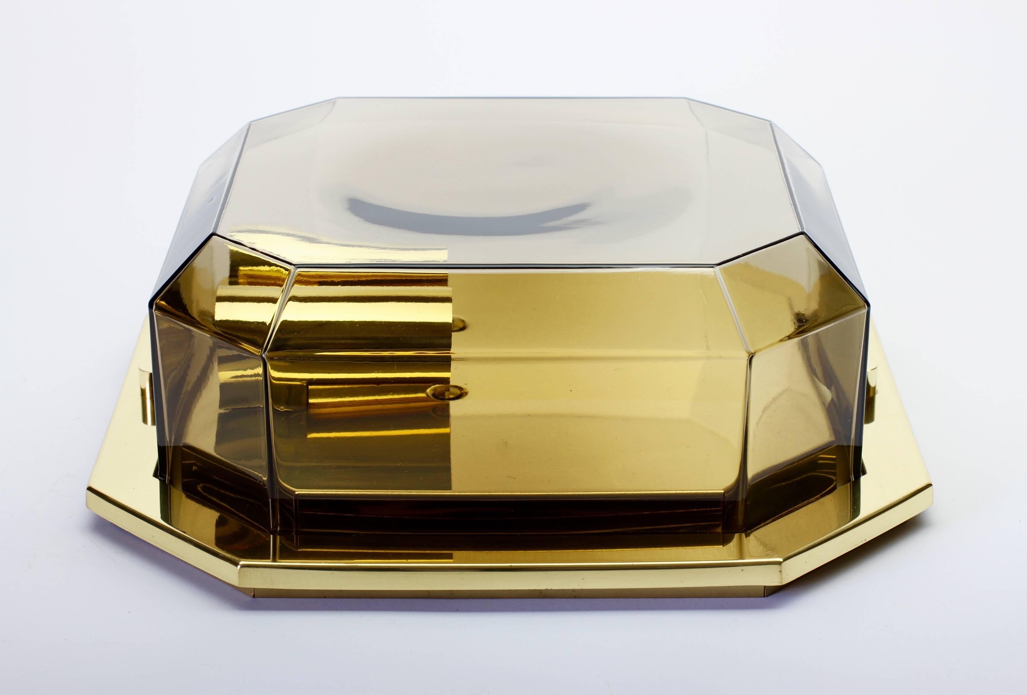 Blown Glass Limburg 1 of 6 Vintage Geometric Smoked Topaz Glass & Brass Wall Lights, c. 1980 For Sale