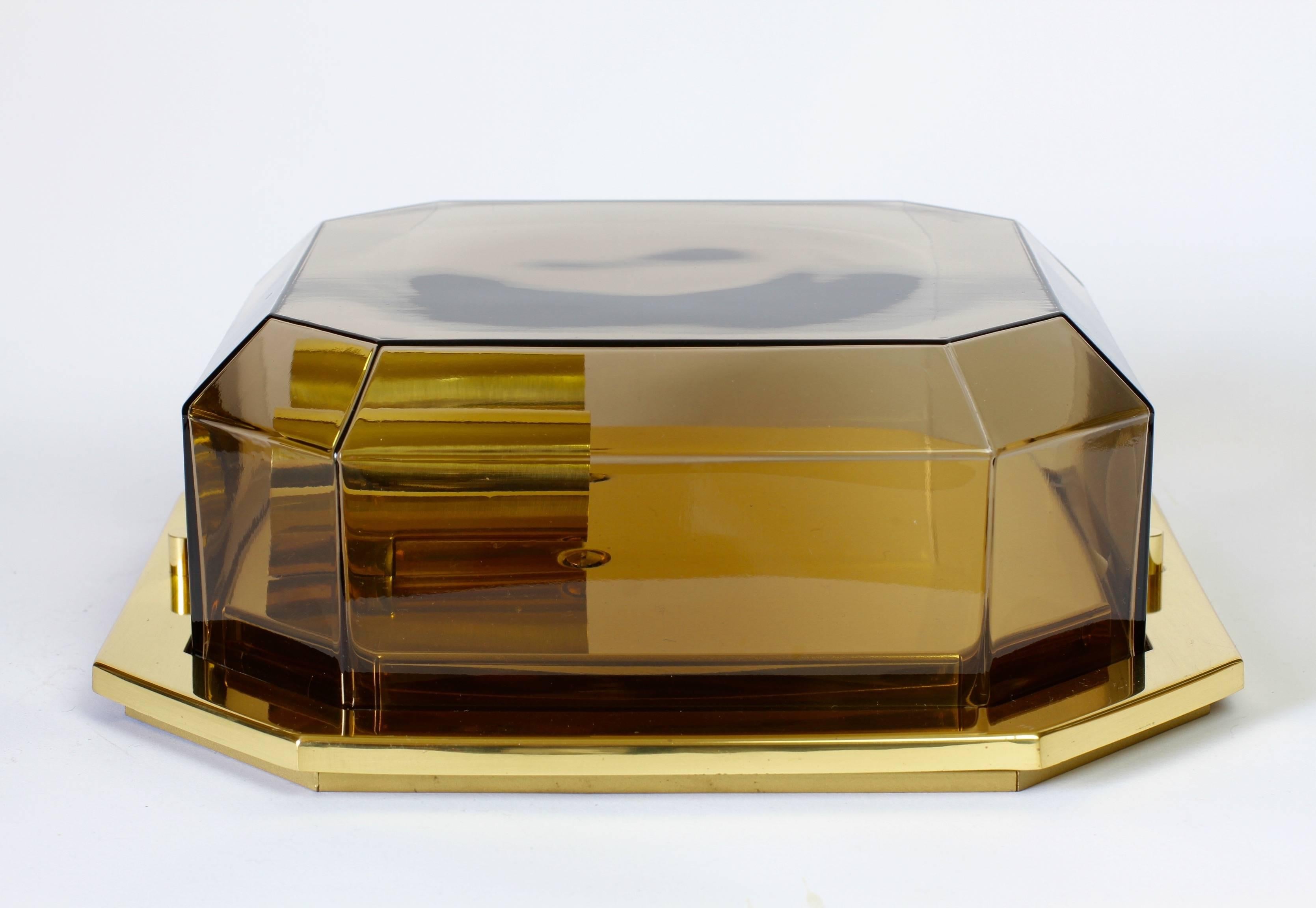 Limburg 1 of 6 Vintage Geometric Smoked Topaz Glass & Brass Wall Lights, c. 1980 For Sale 1