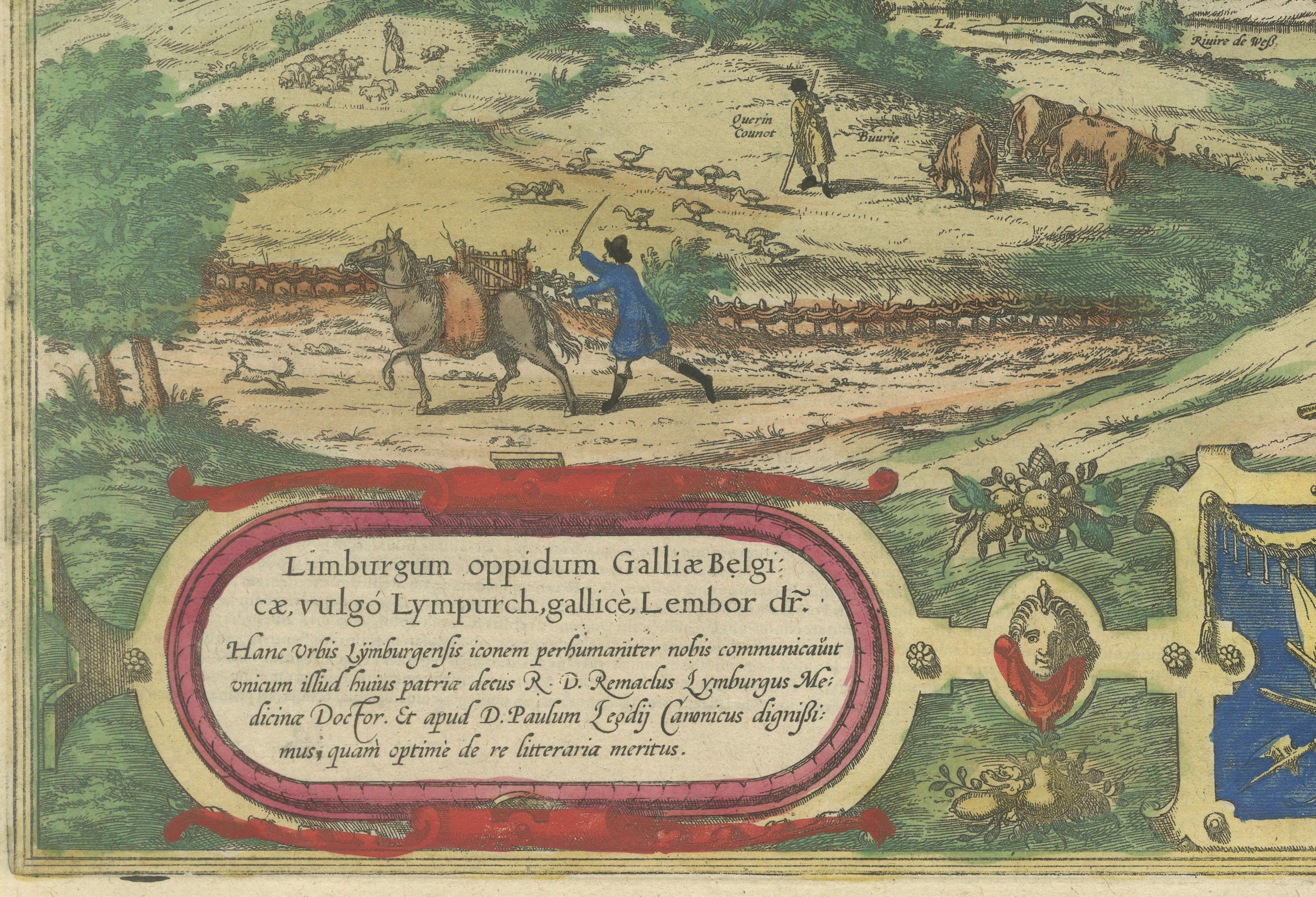 Limburg Cityscape 1580: Historical Copper Engraving by Braun and Hogenberg In Good Condition For Sale In Langweer, NL