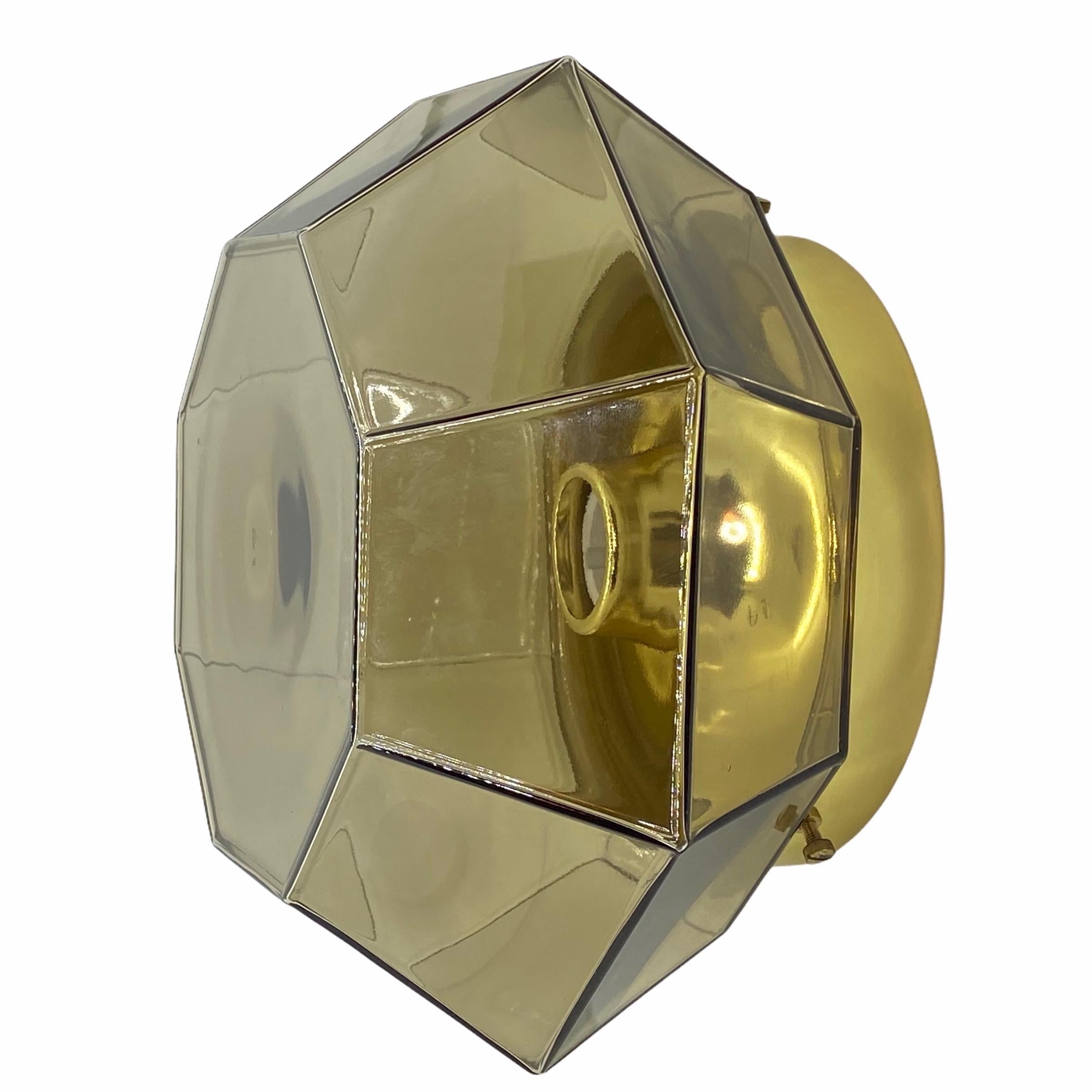 Mid-Century Modern Limburg Geometric Smoked Glass and Brass Flush mount or Wall Light For Sale