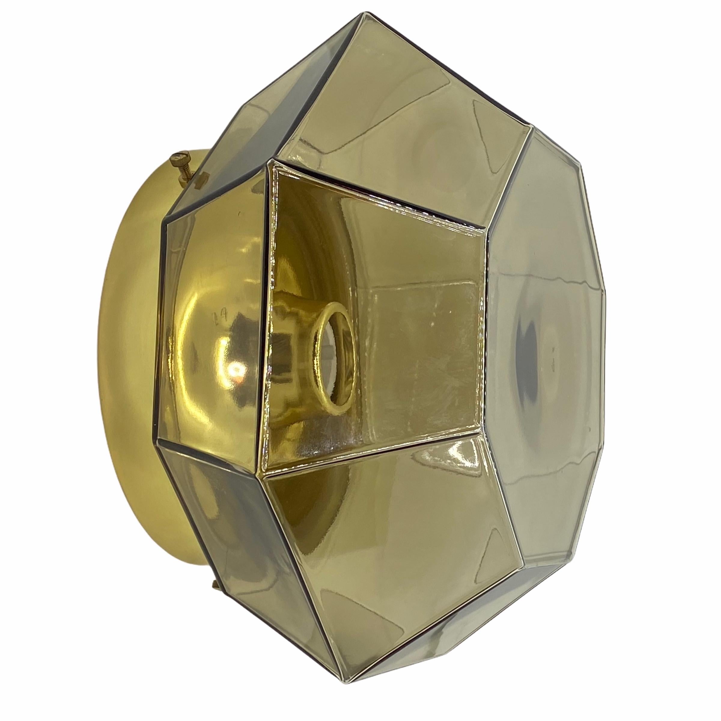 German Limburg Geometric Smoked Glass and Brass Flush mount or Wall Light For Sale