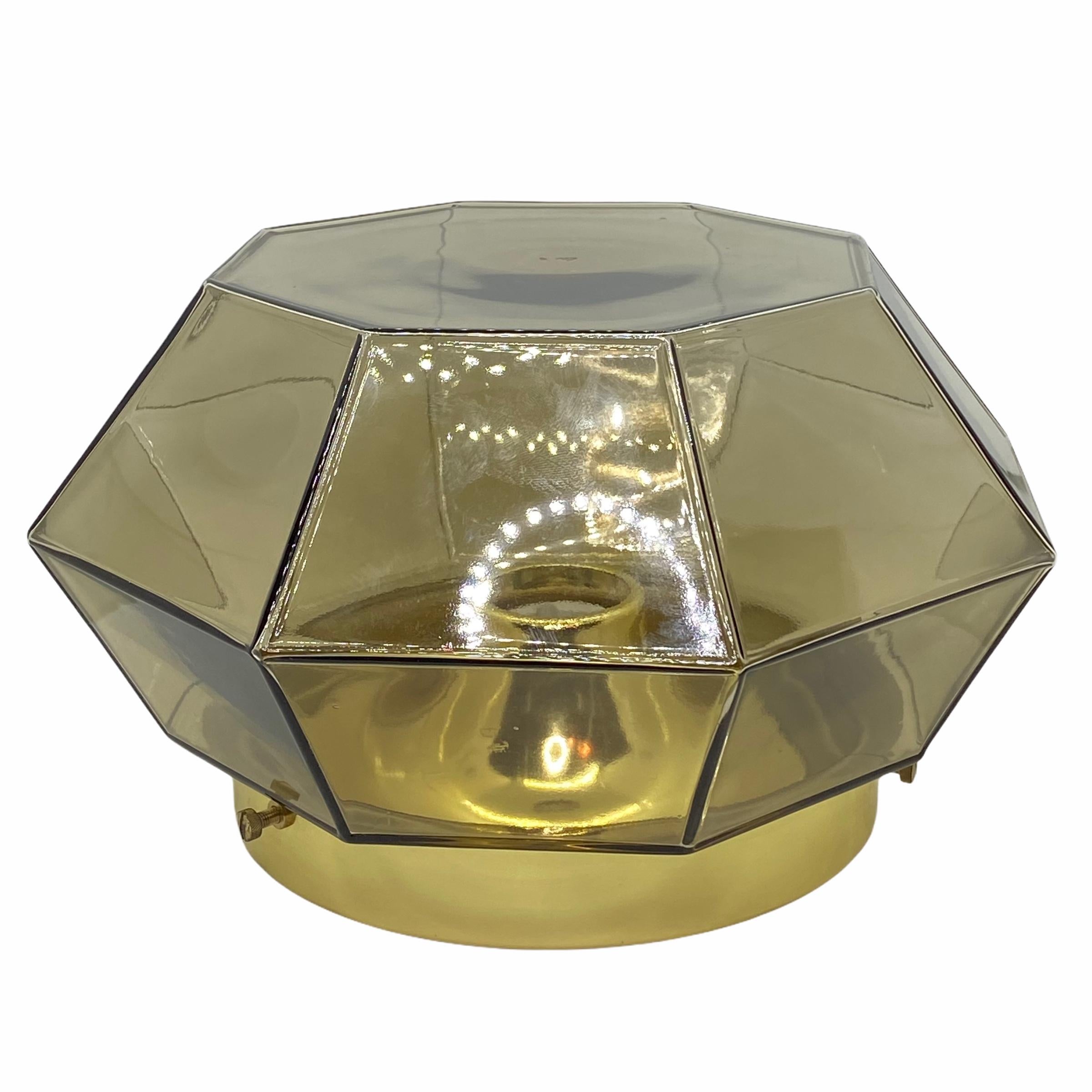 Mid-20th Century Limburg Geometric Smoked Glass and Brass Flush mount or Wall Light For Sale