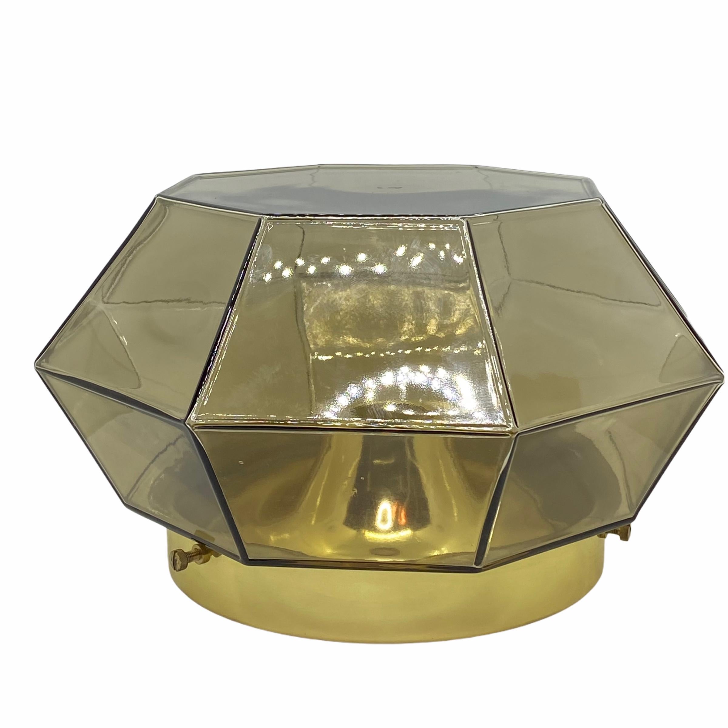 Metal Limburg Geometric Smoked Glass and Brass Flush mount or Wall Light For Sale