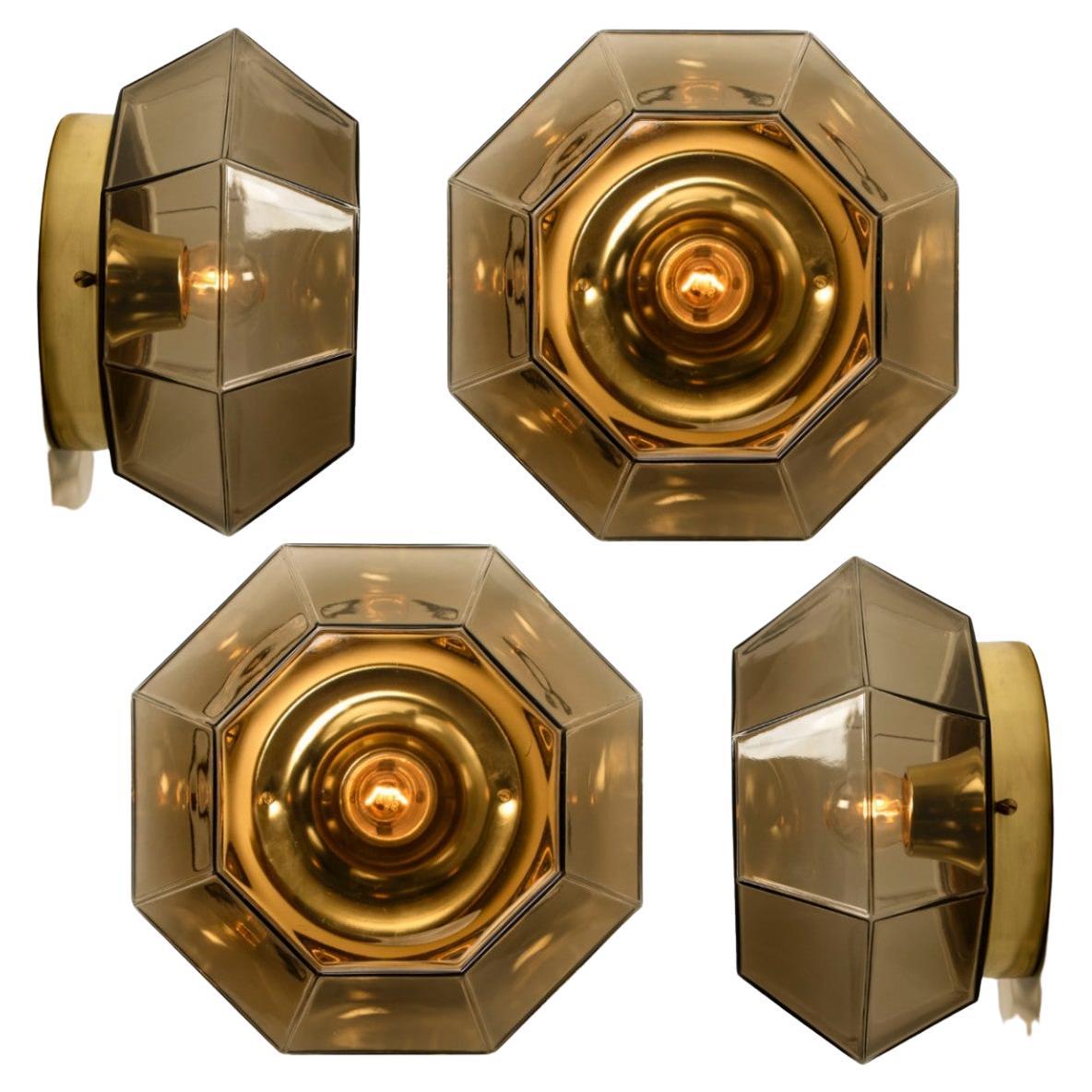 White Hexiconal Glass and Brass Flush Mounts or Wall Lights by Limburg For Sale at 1stDibs