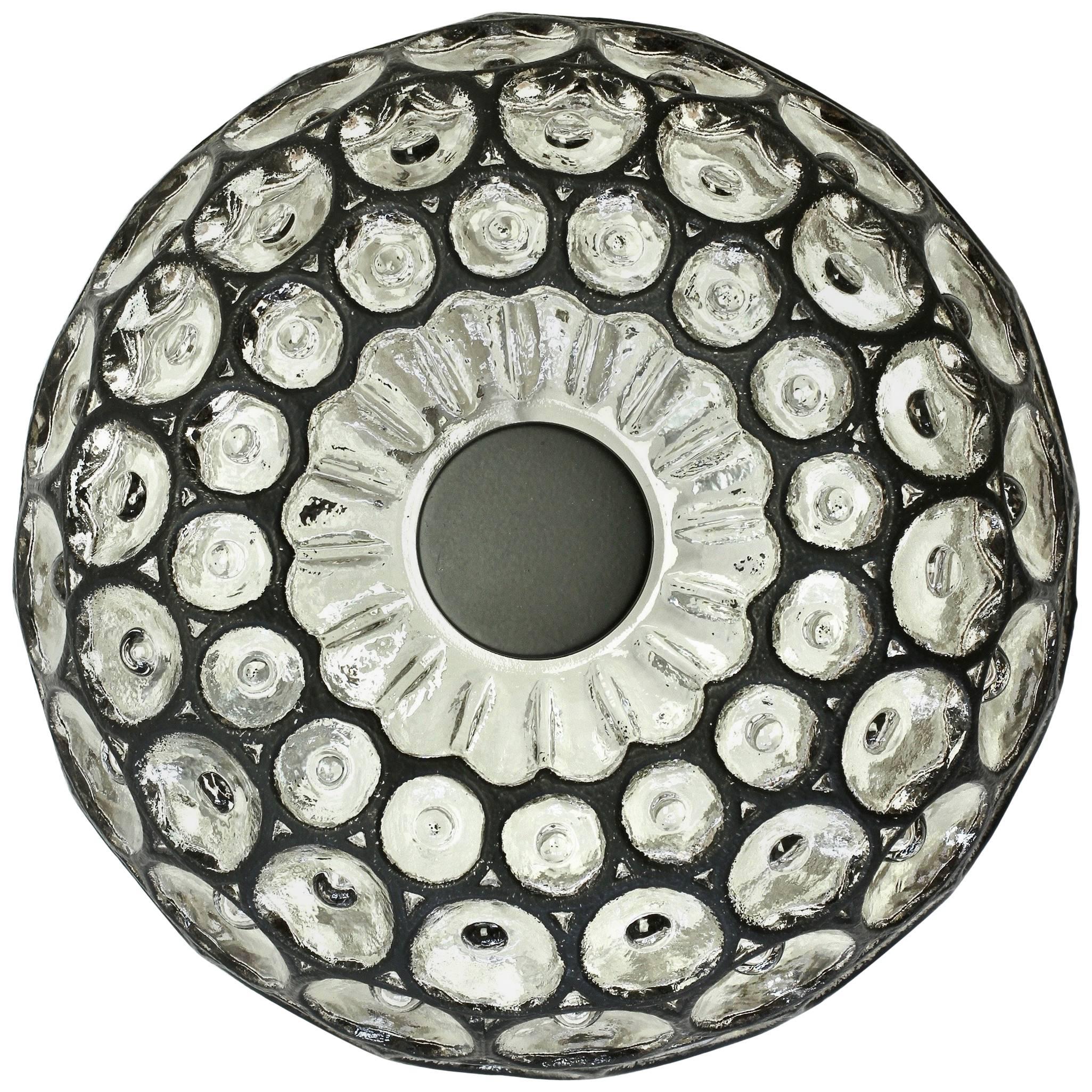 Limburg Glashütte 1960s Glass Black Iron Rings Circular Domed Flush Mount Light