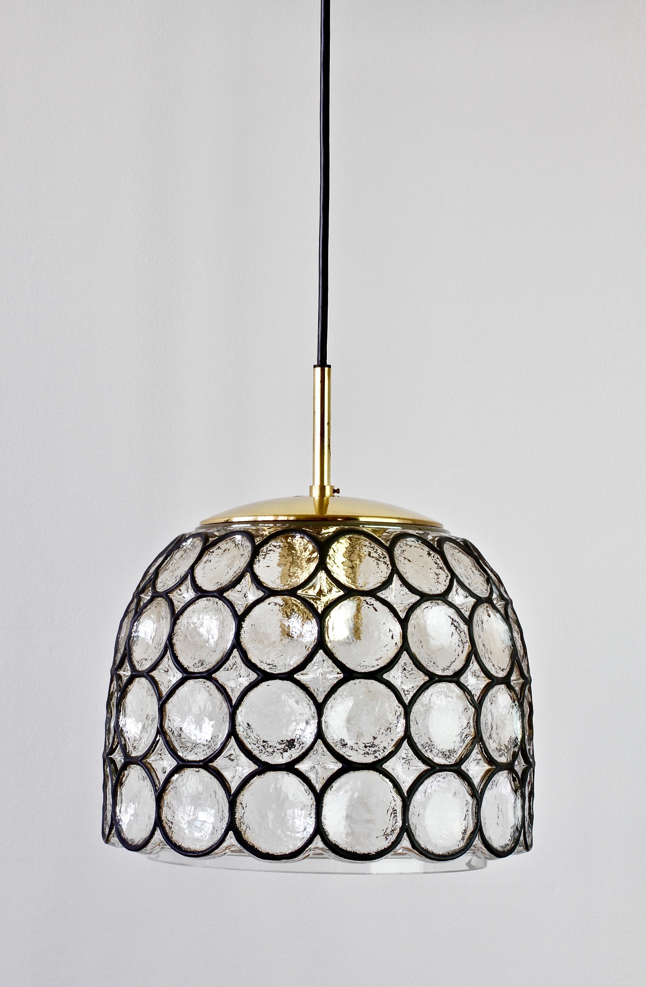 Mid-Century Modern Limburg Glashütte Black Iron Rings Clear Glass & Brass Pendant Light or Lamp