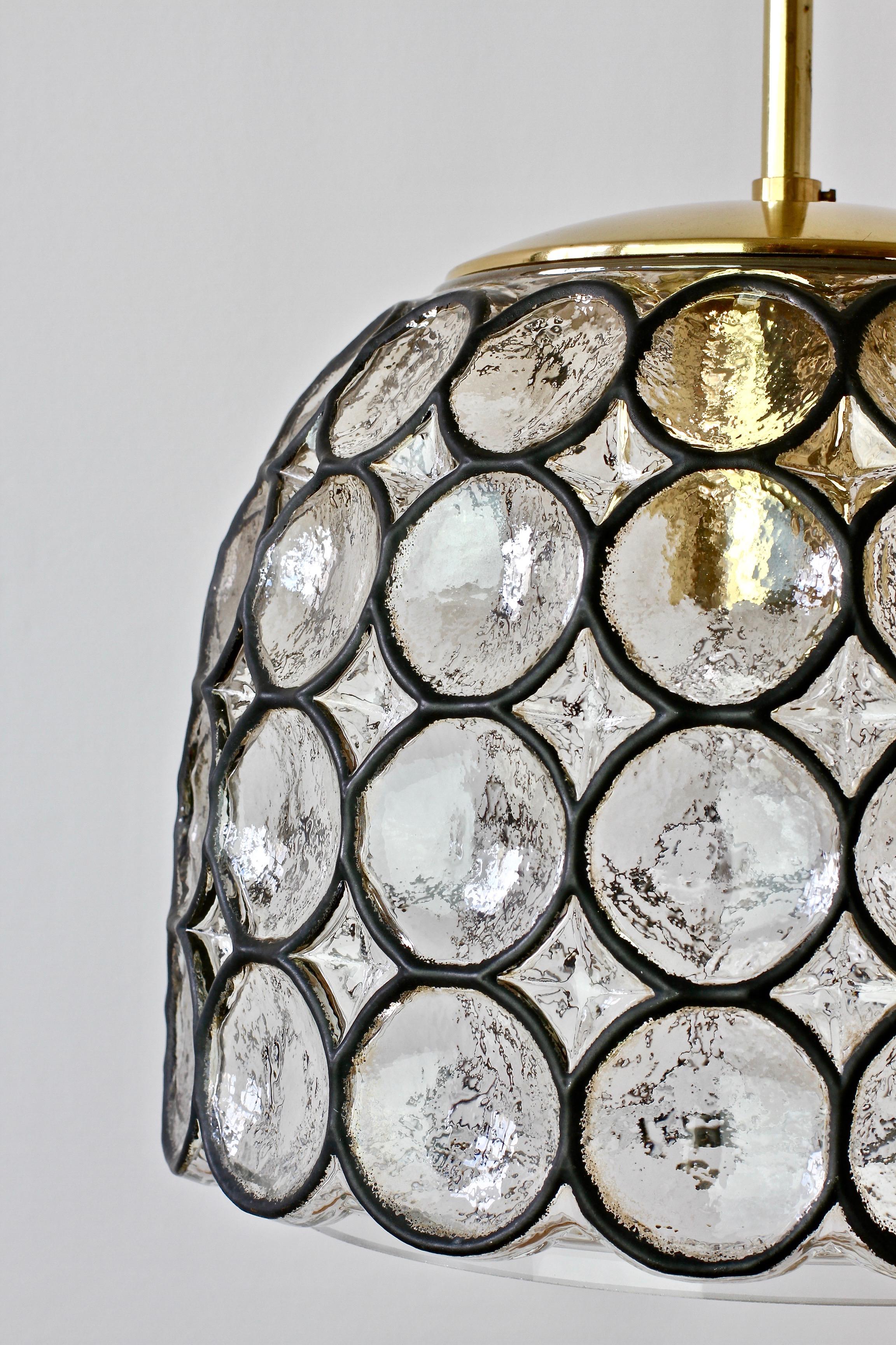 20th Century Limburg Glashütte Black Iron Rings Clear Glass & Brass Pendant Light or Lamp