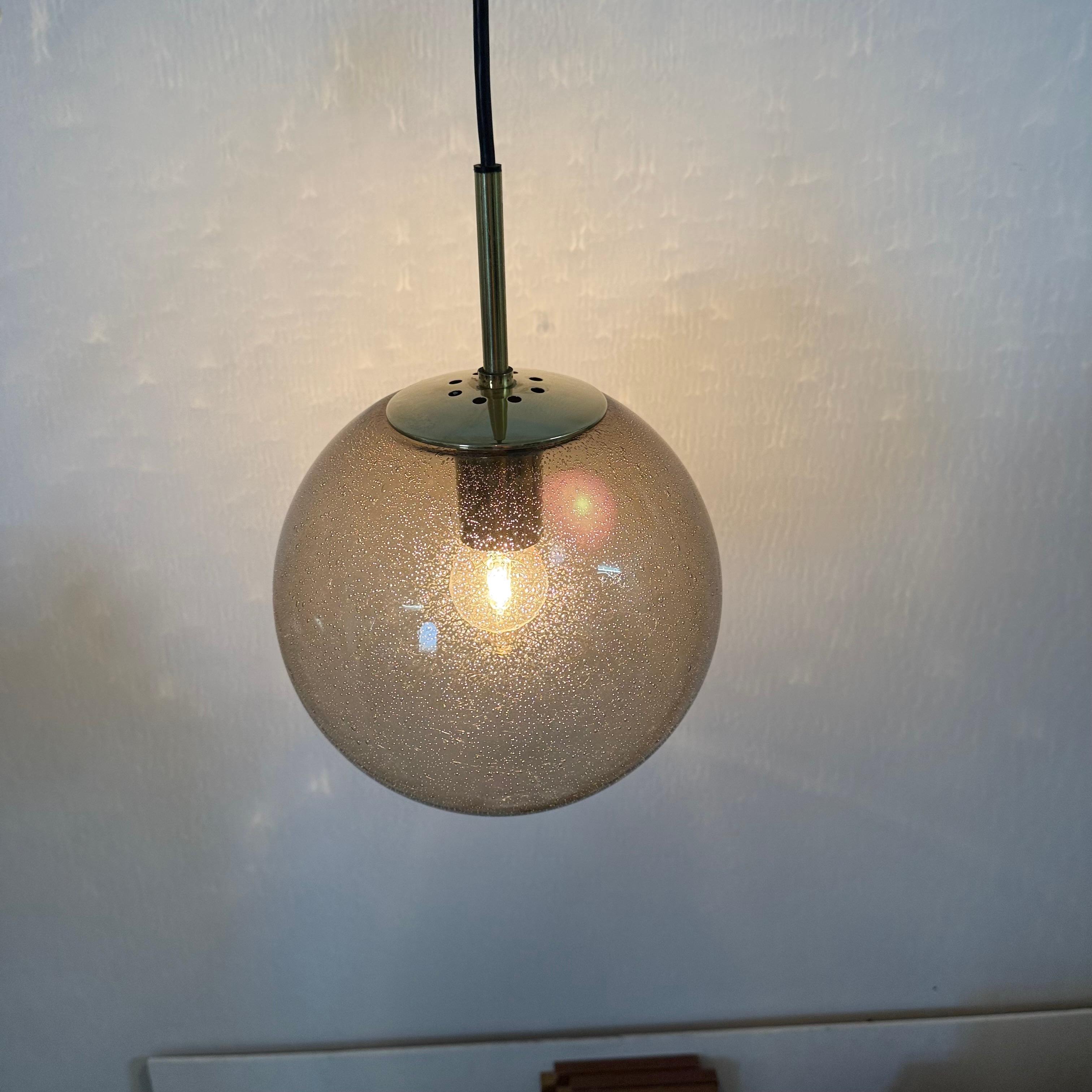Mid-Century moderno Limburg Glashütte brass smoked glass ball pendant hanging lamp , 1970s in vendita