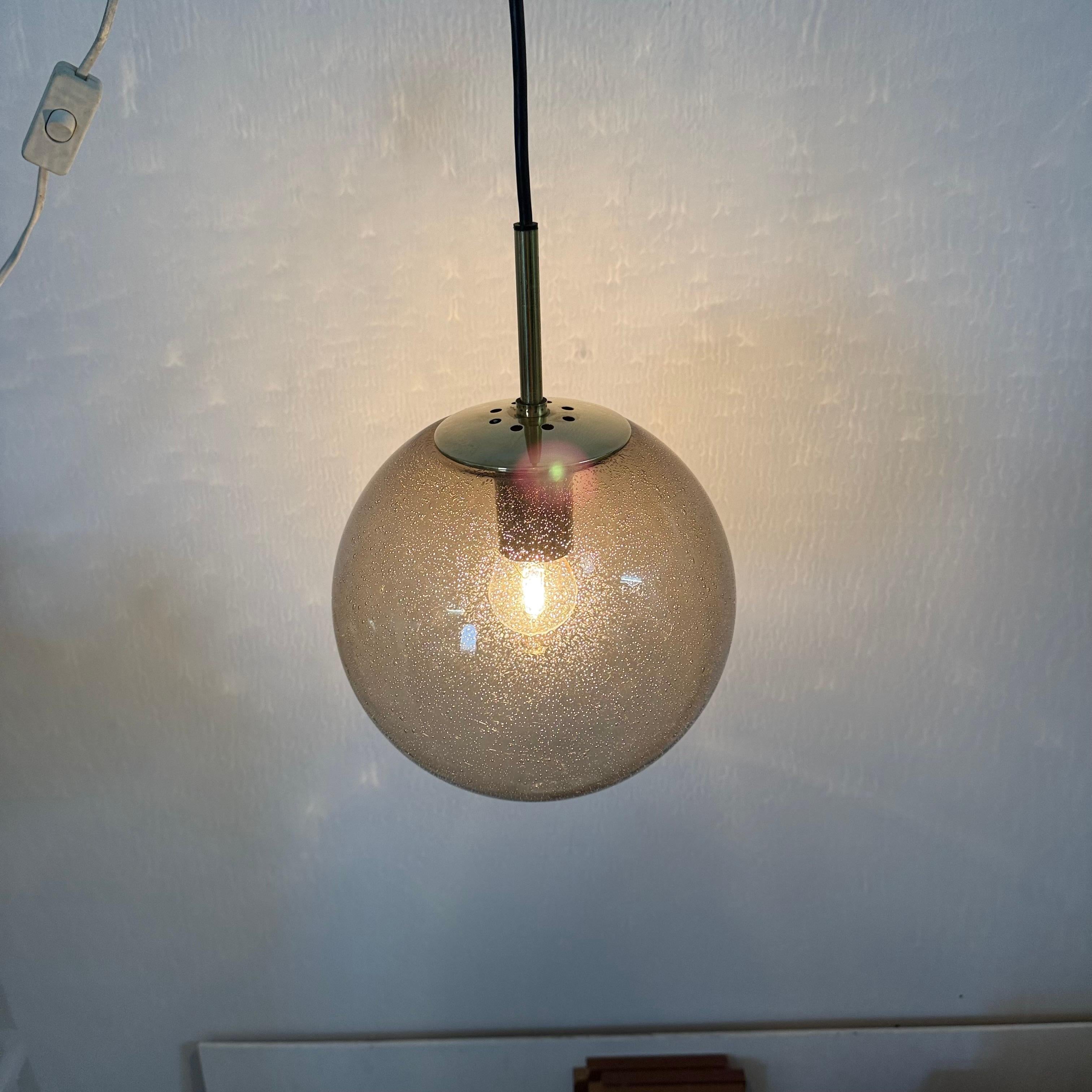 Tedesco Limburg Glashütte brass smoked glass ball pendant hanging lamp , 1970s in vendita