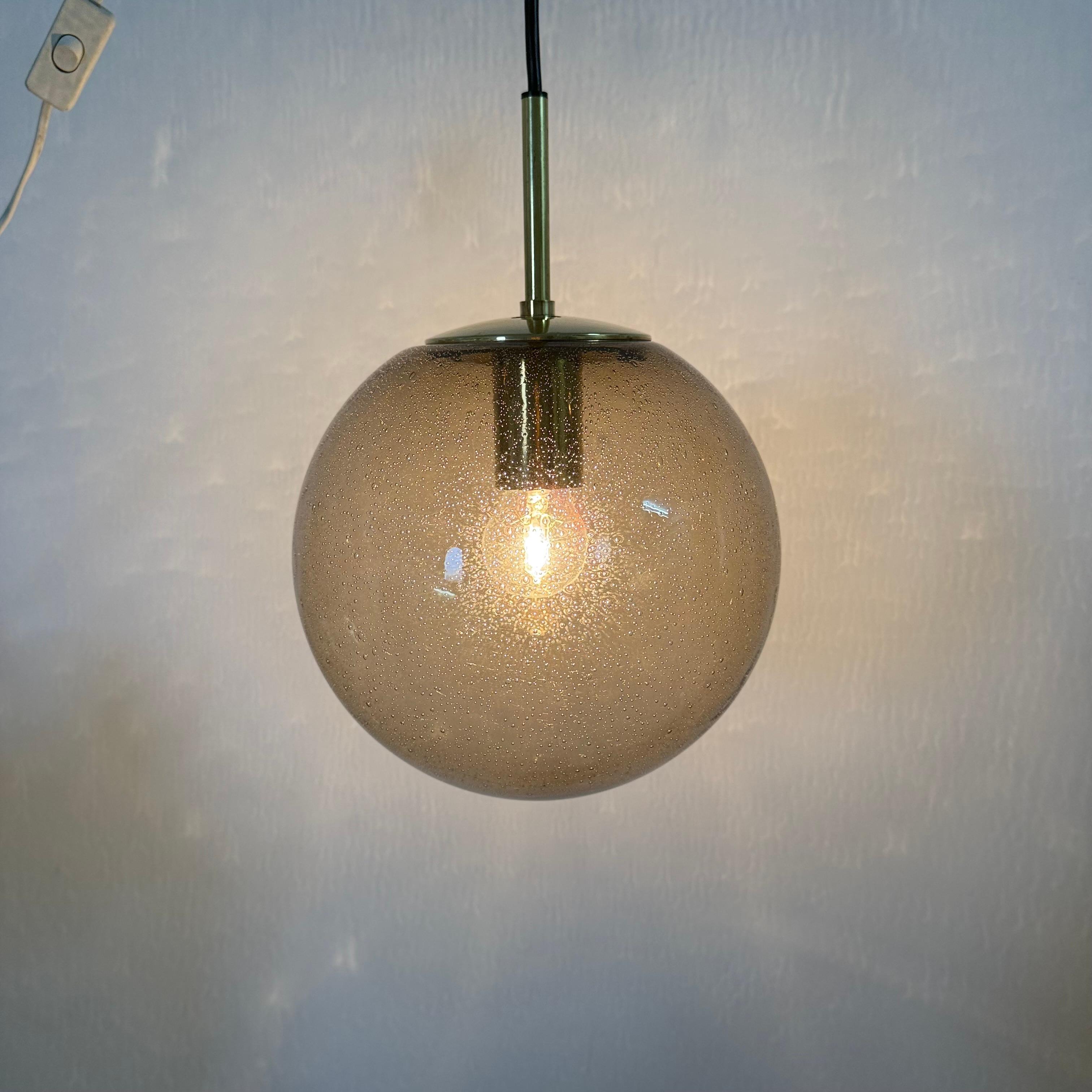 Limburg Glashütte brass smoked glass ball pendant hanging lamp , 1970s in vendita 2