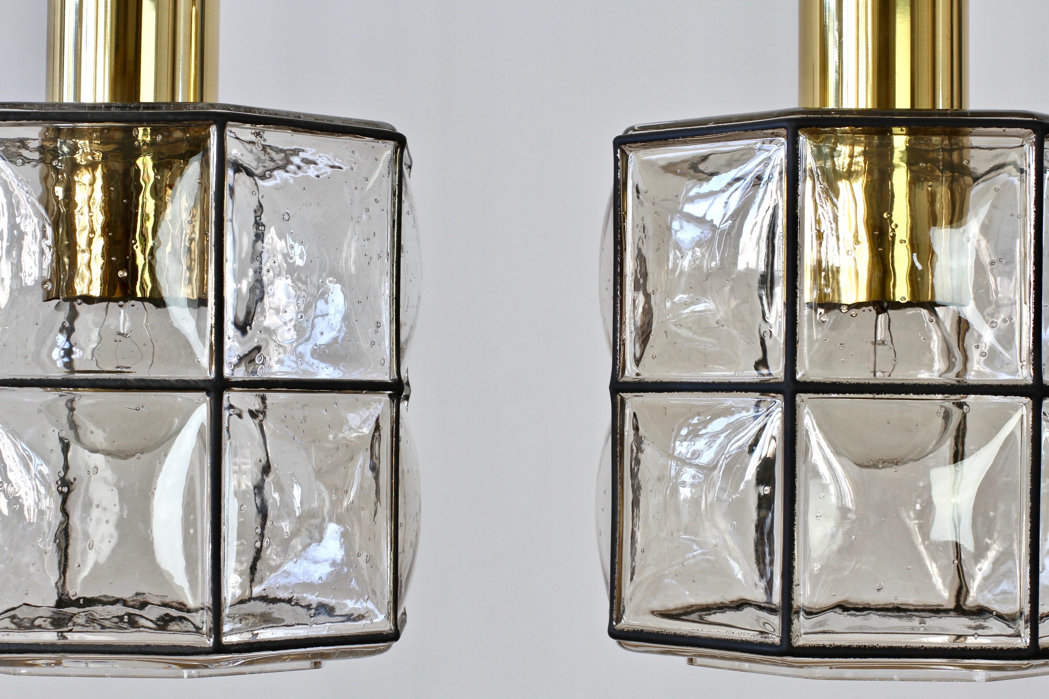 Brass Limburg Glashütte Pair of Iron & Bubble Glass Vintage Pendant Lamps, circa 1960s