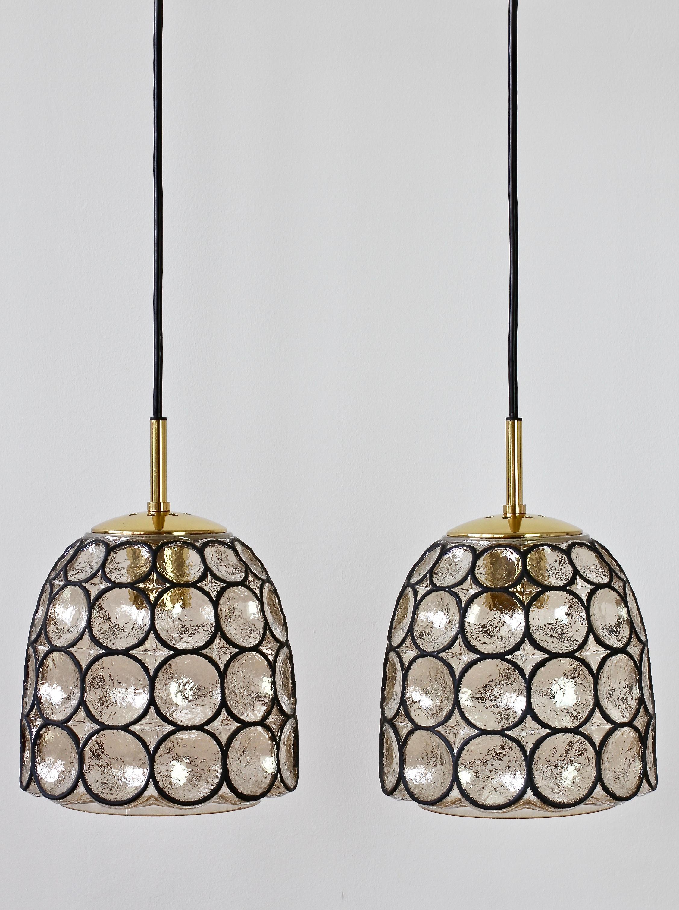 Mid-Century Modern Limburg Glashütte Pair of Iron & Bubble Glass Vintage Pendant Lamps, circa 1960s For Sale