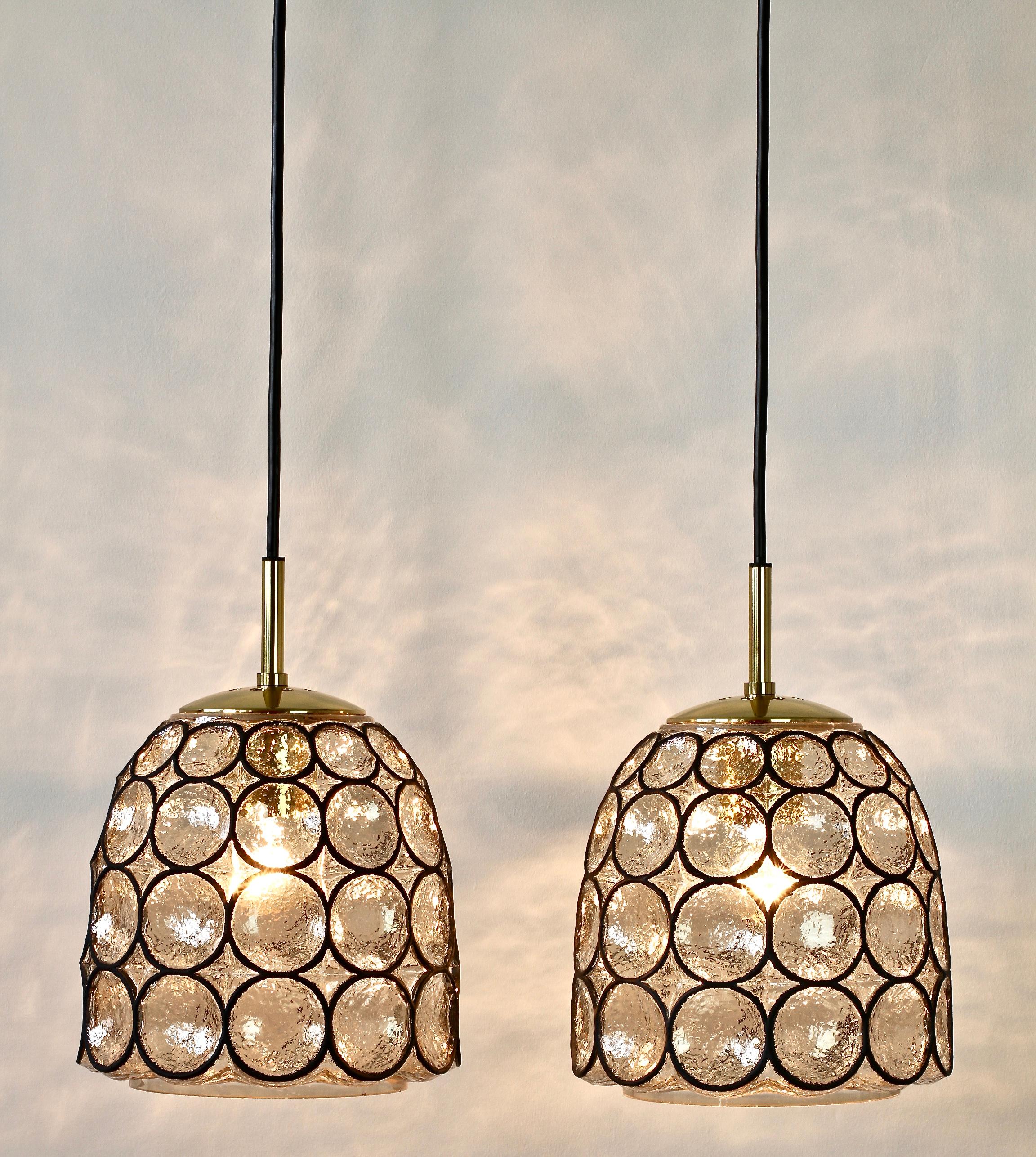 German Limburg Glashütte Pair of Iron & Bubble Glass Vintage Pendant Lamps, circa 1960s For Sale