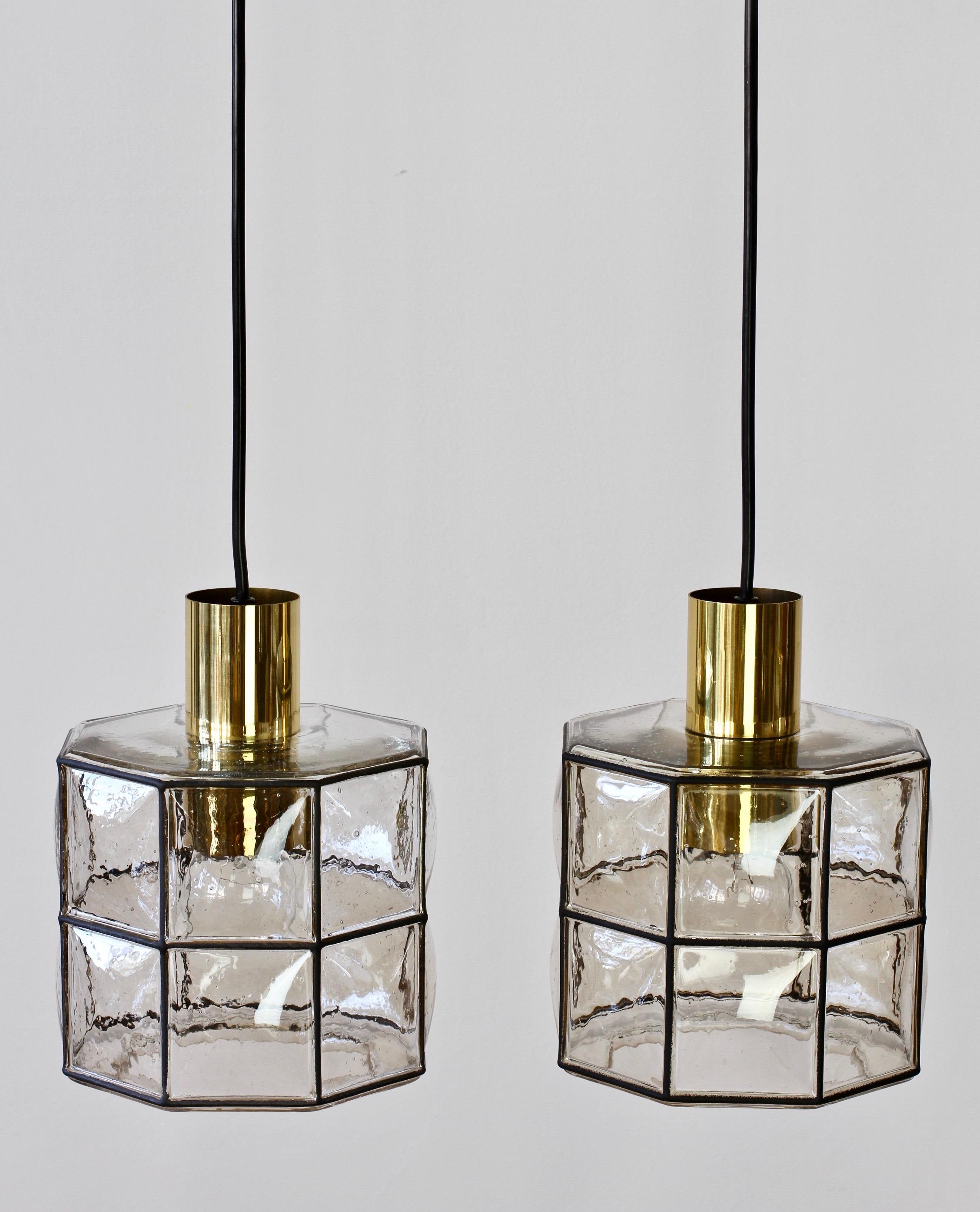 Mid-Century Modern Limburg Glashütte Pair of Iron & Bubble Glass Vintage Pendant Lamps, circa 1960s