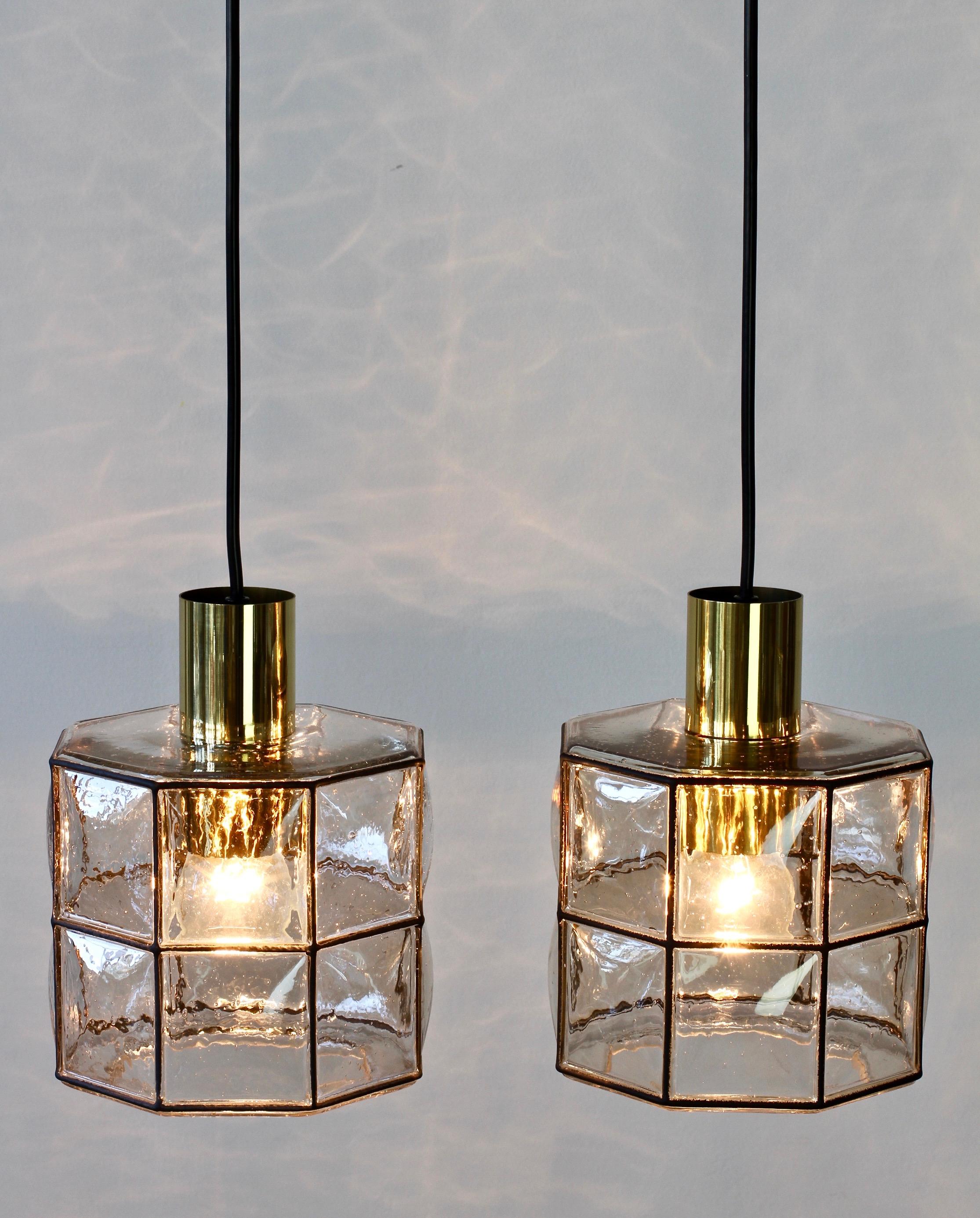 German Limburg Glashütte Pair of Iron & Bubble Glass Vintage Pendant Lamps, circa 1960s