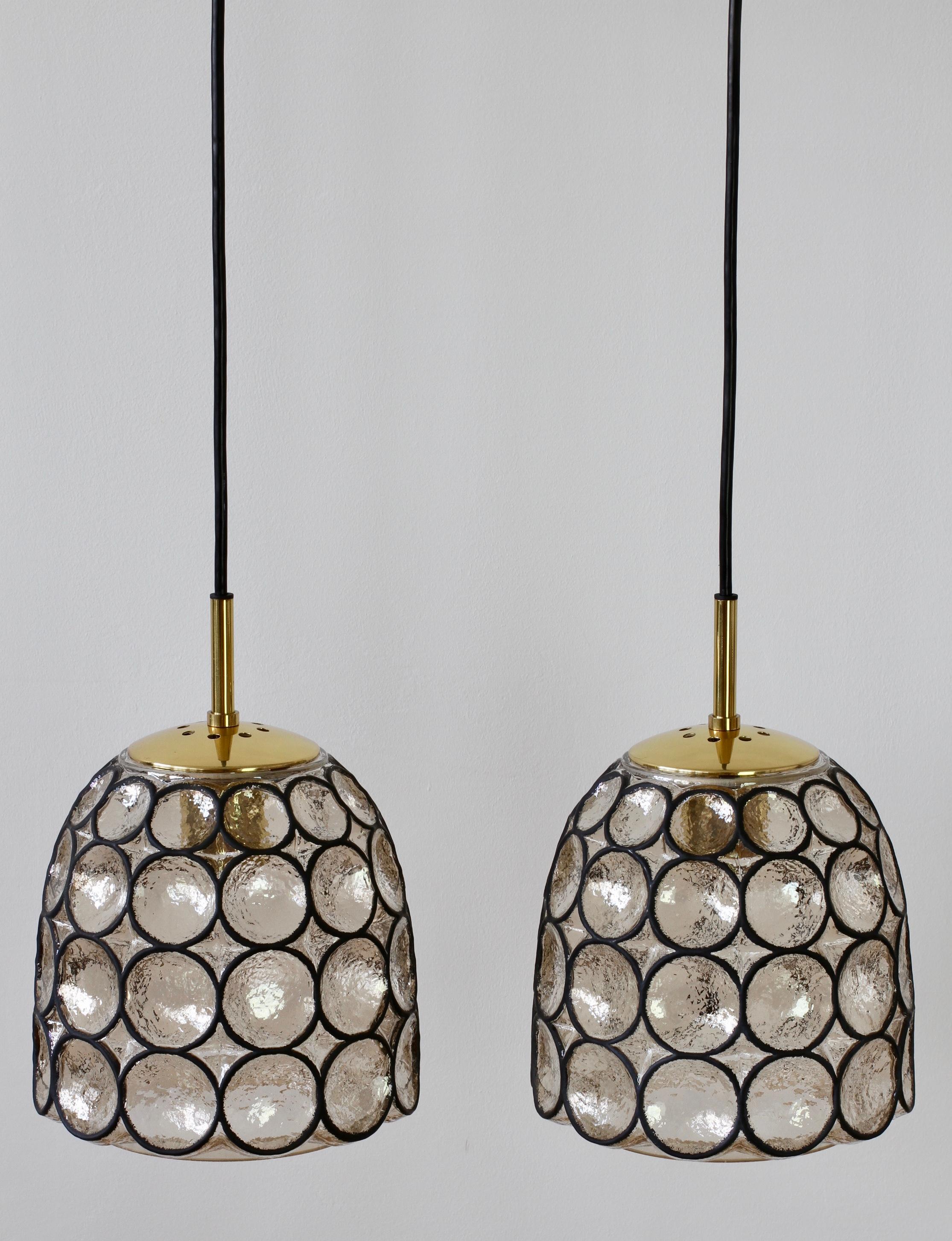 Limburg Glashütte Pair of Iron & Bubble Glass Vintage Pendant Lamps, circa 1960s In Good Condition For Sale In Landau an der Isar, Bayern