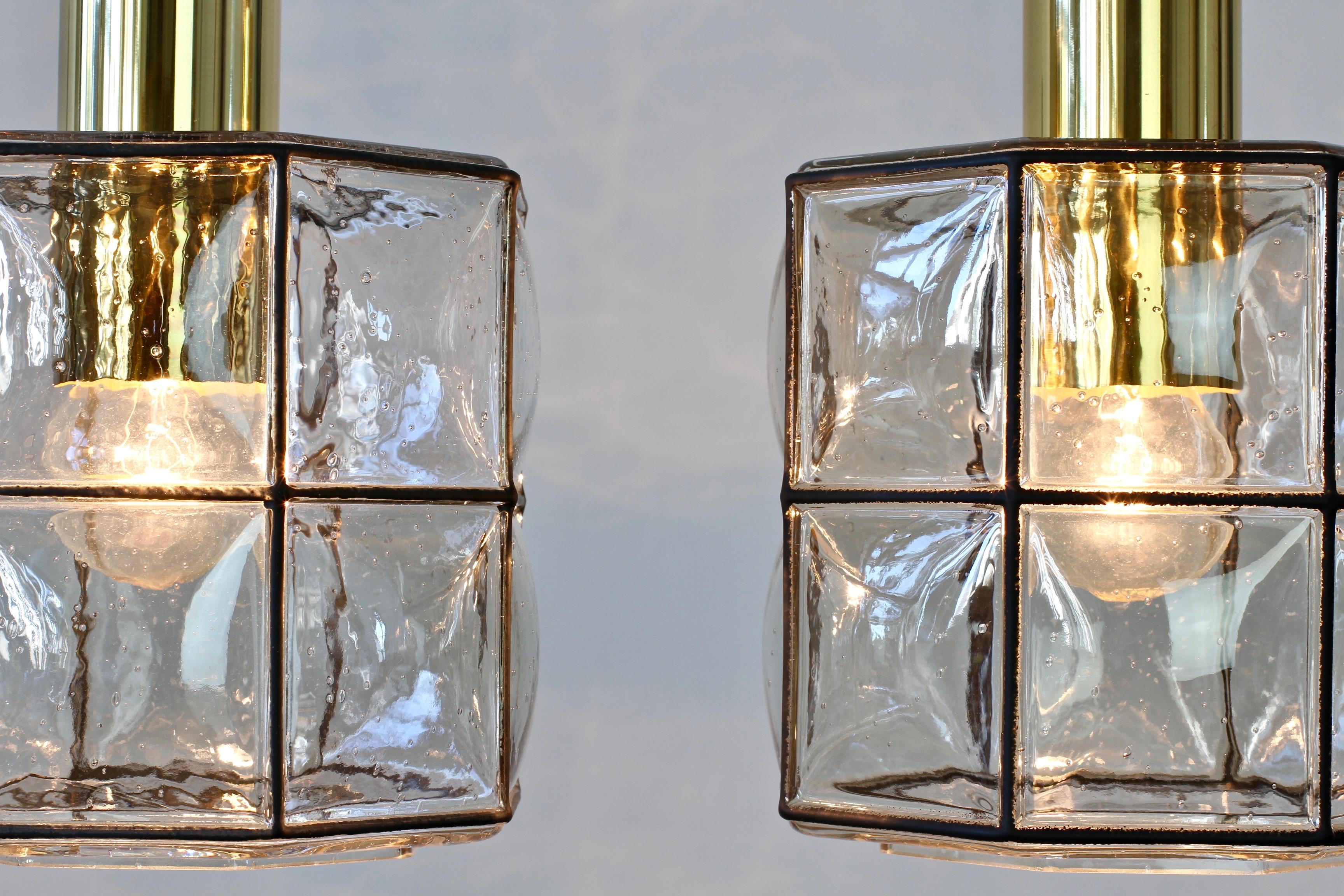 Molded Limburg Glashütte Pair of Iron & Bubble Glass Vintage Pendant Lamps, circa 1960s