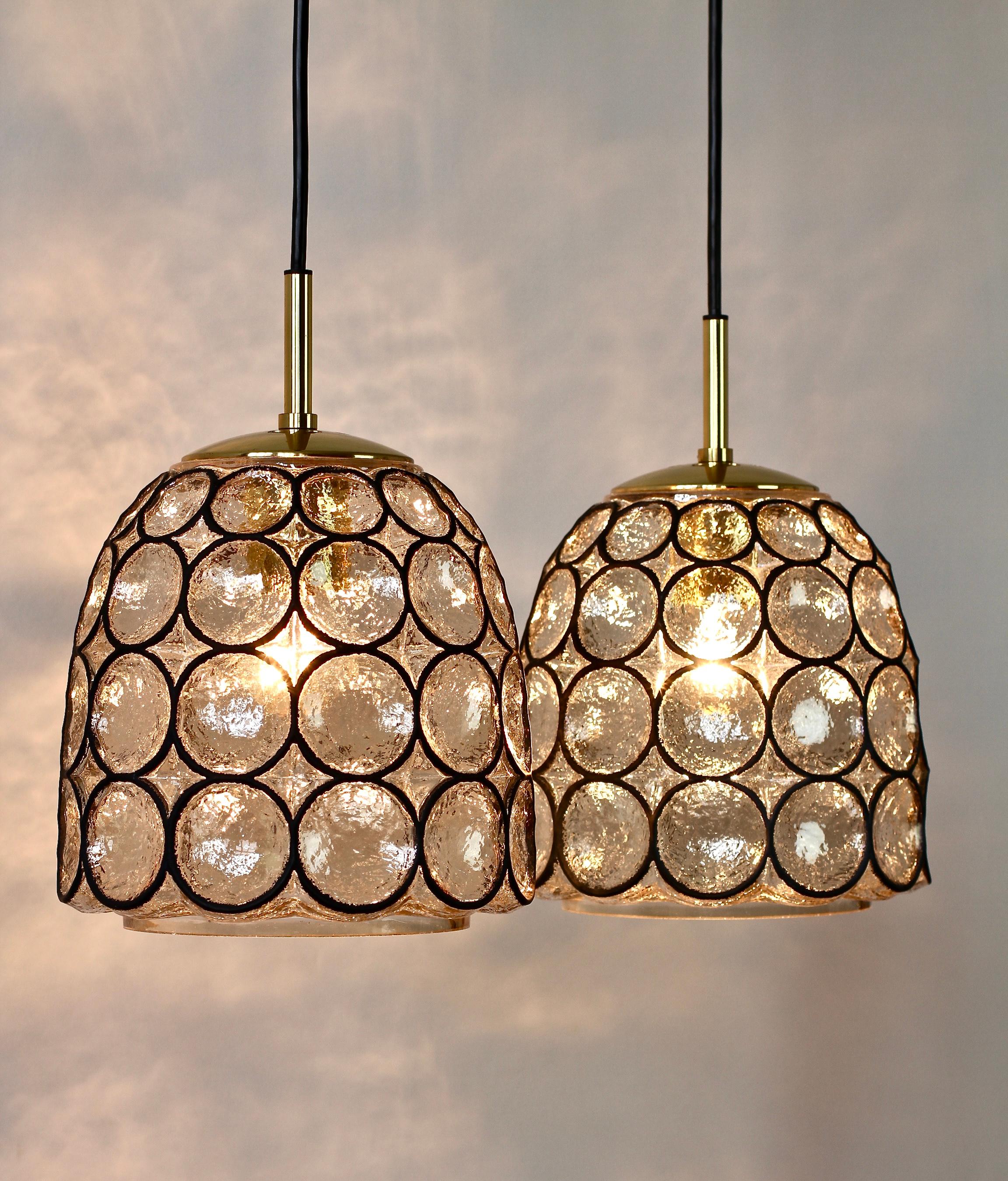 20th Century Limburg Glashütte Pair of Iron & Bubble Glass Vintage Pendant Lamps, circa 1960s For Sale