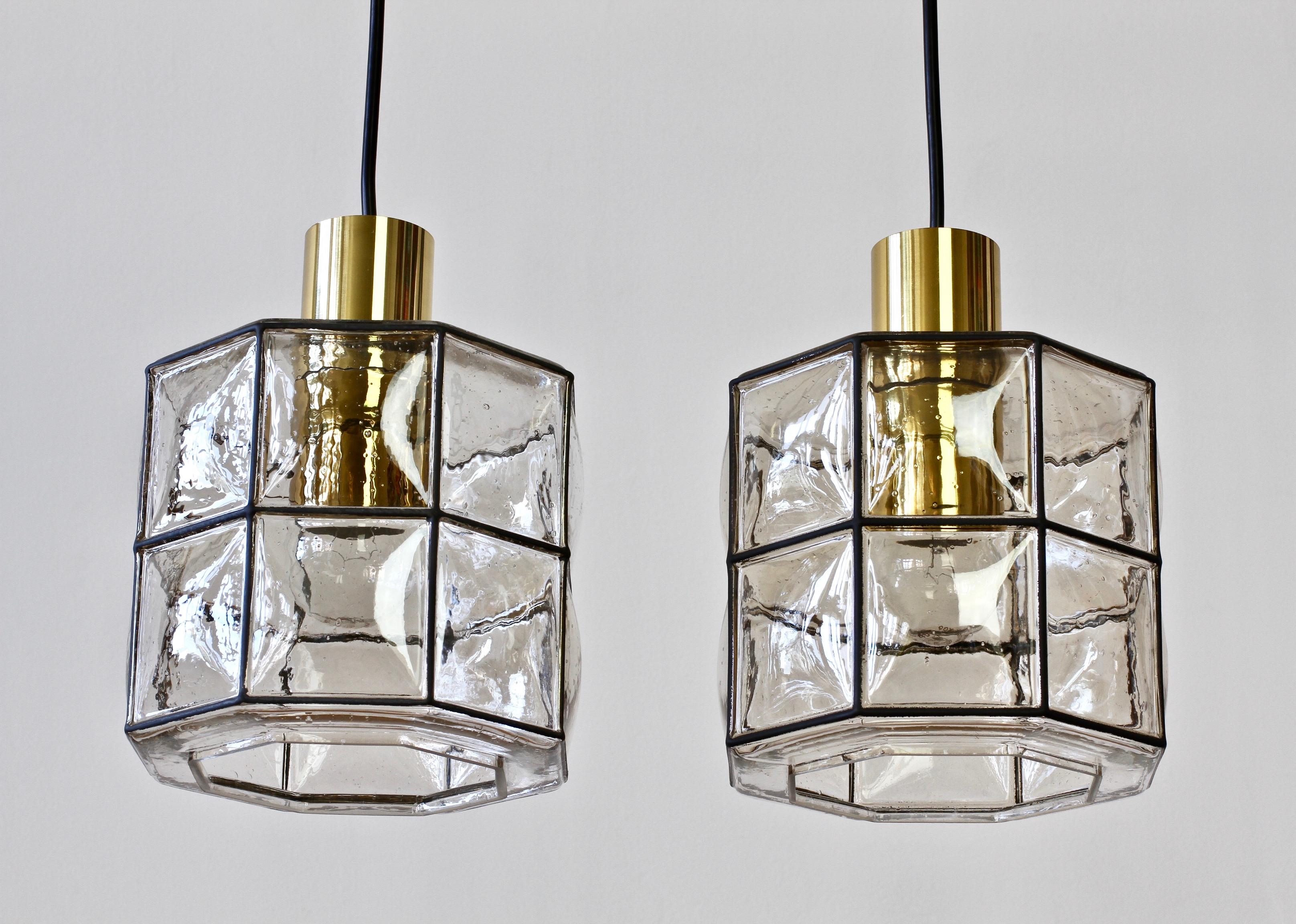 20th Century Limburg Glashütte Pair of Iron & Bubble Glass Vintage Pendant Lamps, circa 1960s