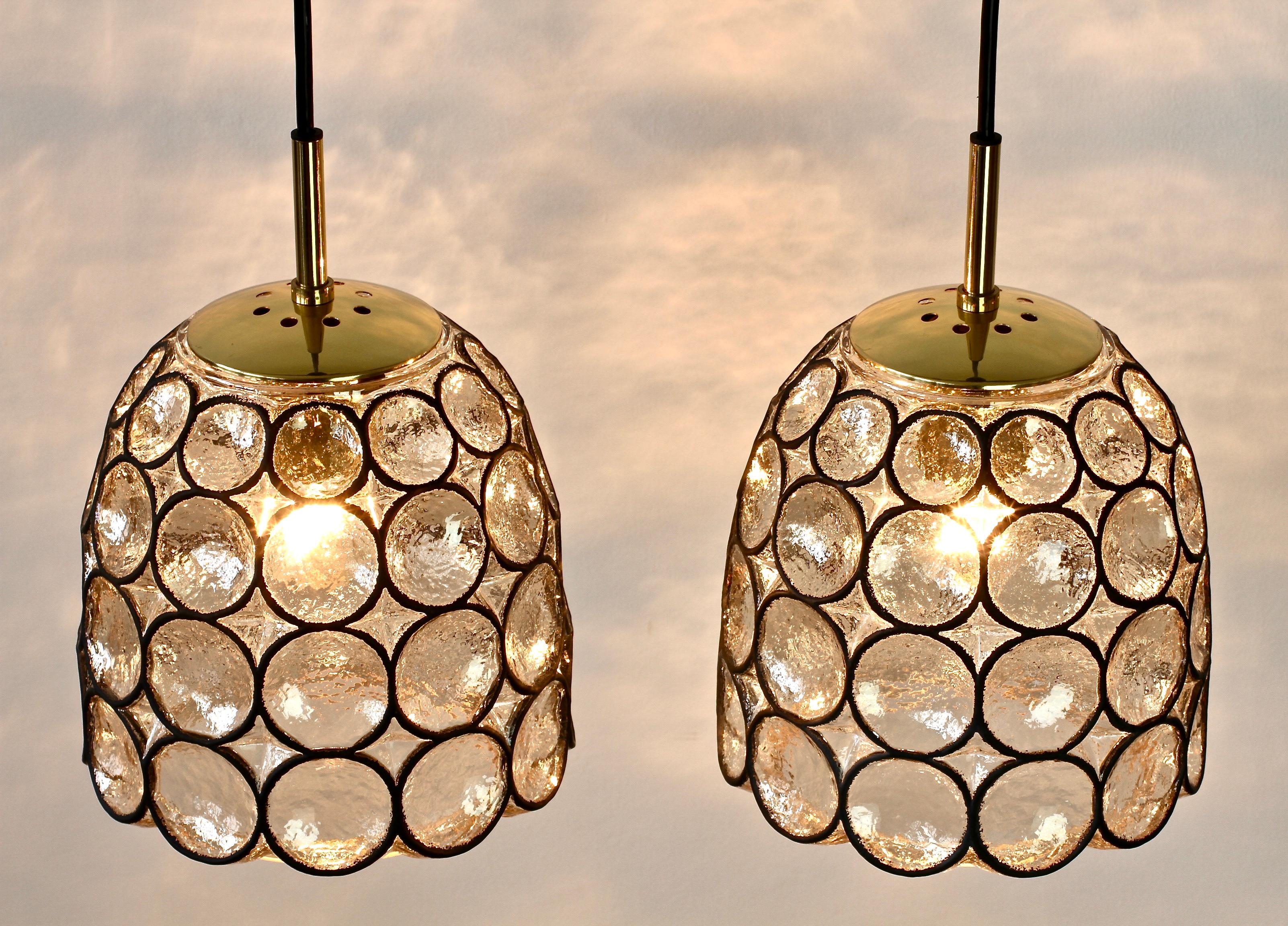 Limburg Glashütte Pair of Iron & Bubble Glass Vintage Pendant Lamps, circa 1960s For Sale 1