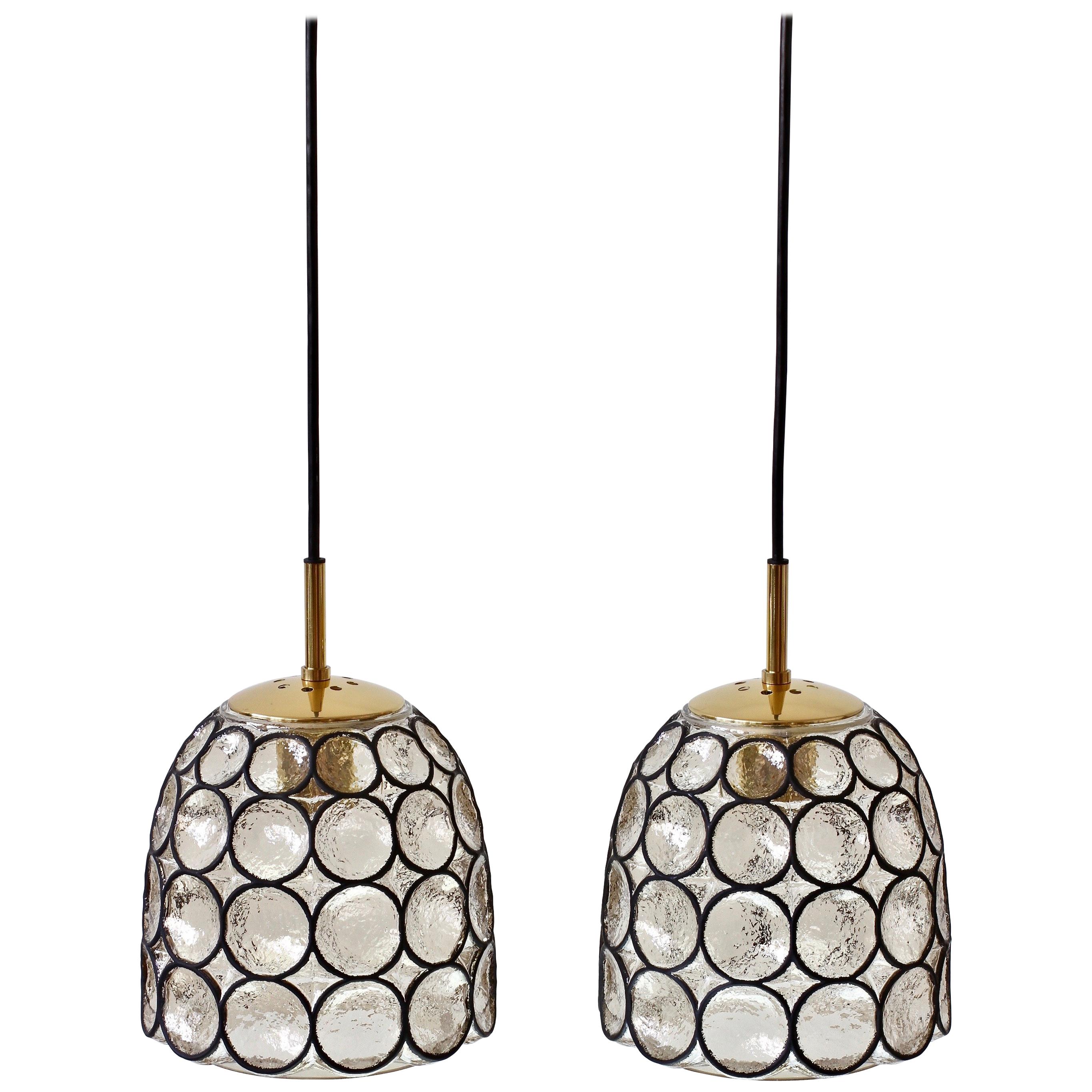 Limburg Glashütte Pair of "Iron" Rings Glass & Brass Pendant Lights/Lamps 1960s