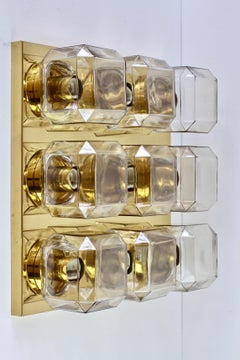 Limburg Huge Pair of Vintage Geometric Champagne Toned Glass & Brass Flushmounts