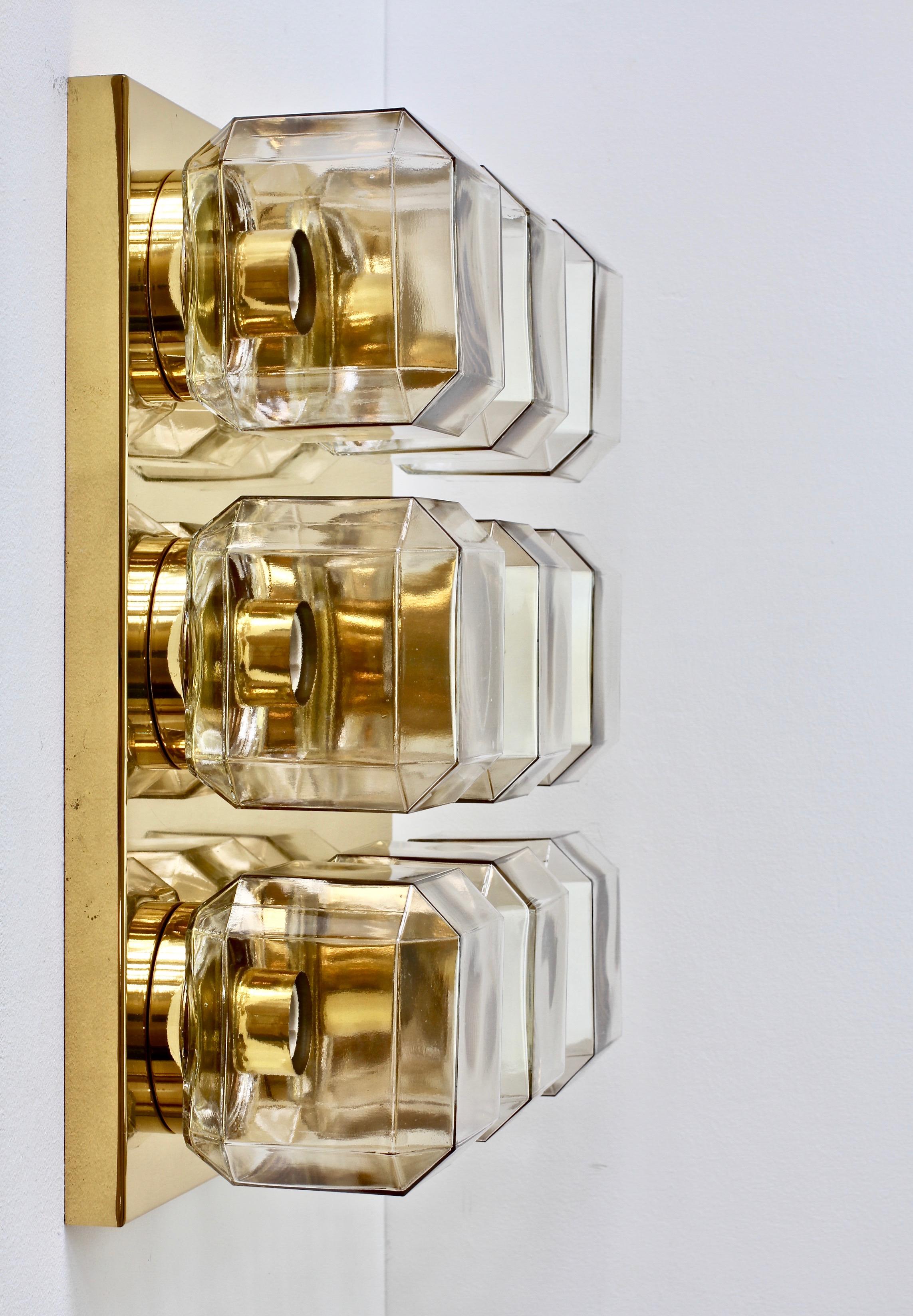 Mid-Century Modern Limburg Huge Pair of Vintage Geometric Champagne Toned Glass & Brass Flushmounts For Sale
