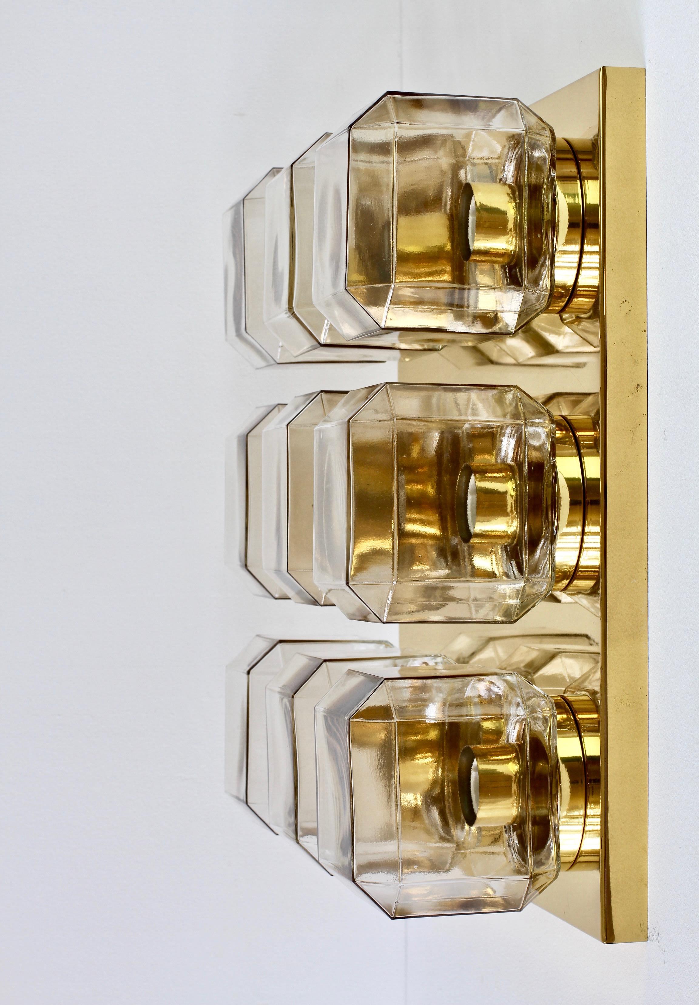 Limburg Huge Pair of Vintage Geometric Champagne Toned Glass & Brass Flushmounts For Sale 2