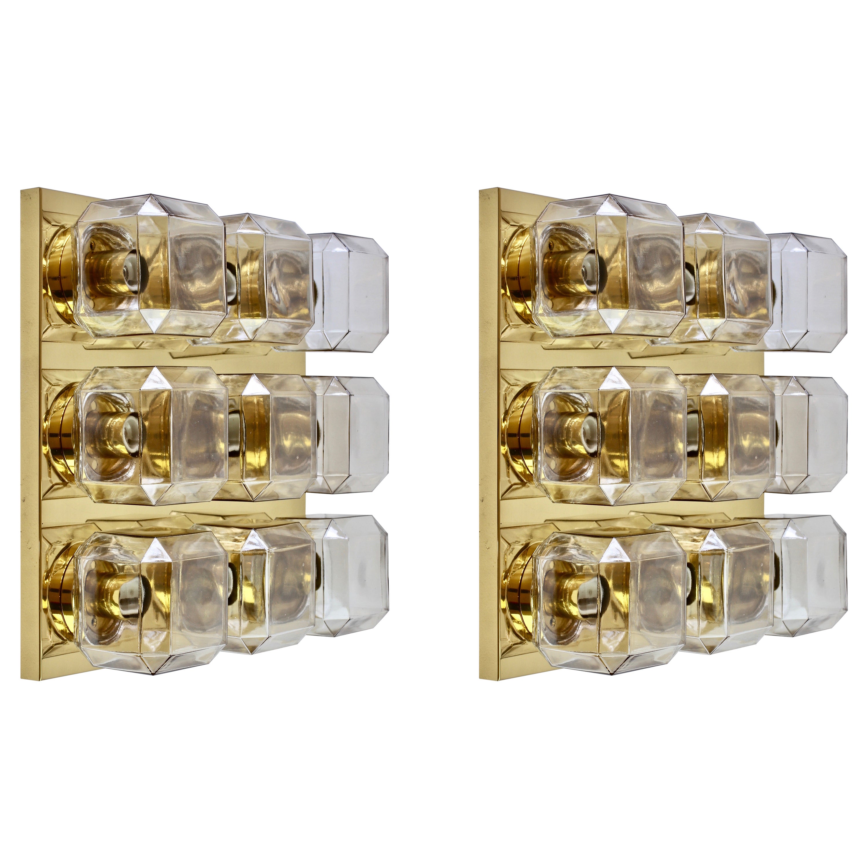 Coppia di supporti geometrici vintage in vetro e ottone con tonalità champagne di Limburg in vendita